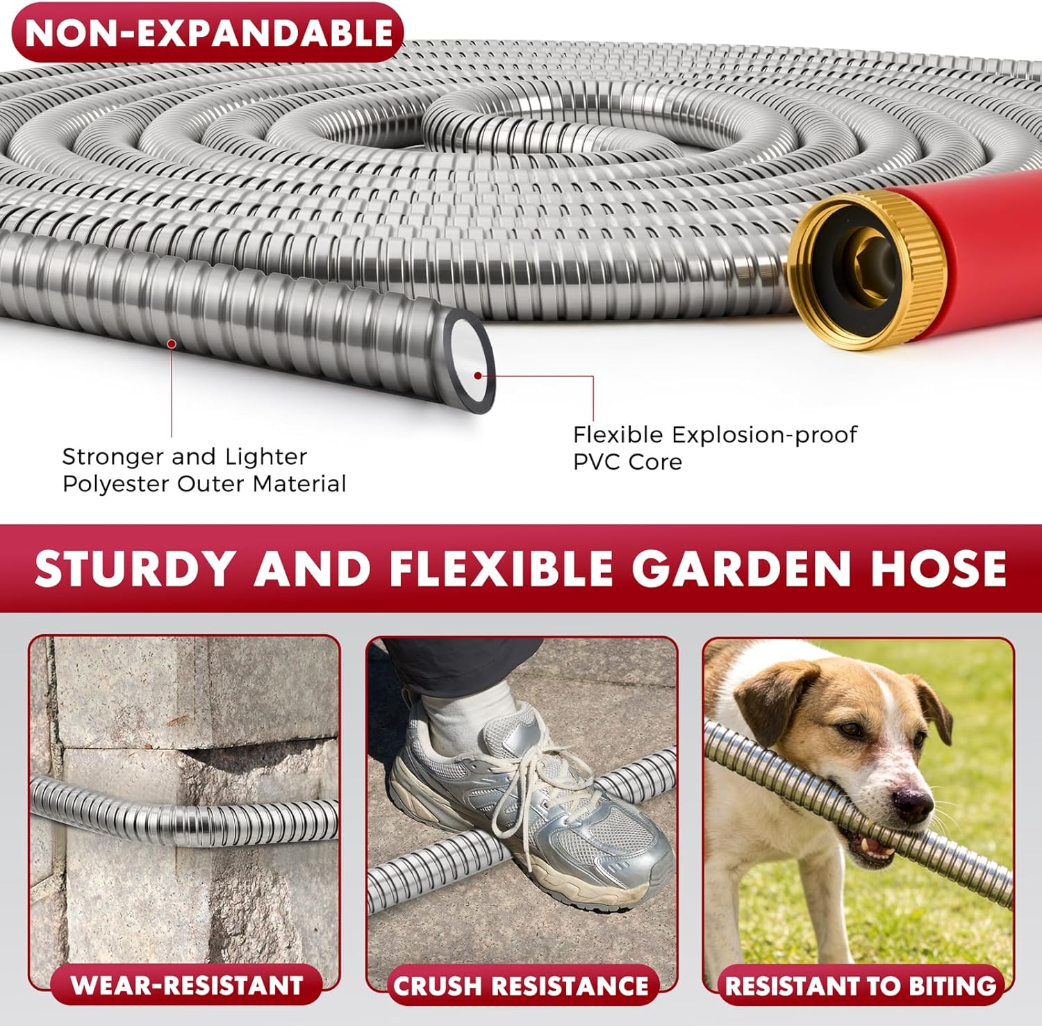 Stainless Steel Garden Hose 50ft, Heavy Duty Water Hose with 10 Functional Nozzles, No Kink, Lightweight and Flexible, Strong and Durable, Suitable for Outdoor,Yard and Lawn