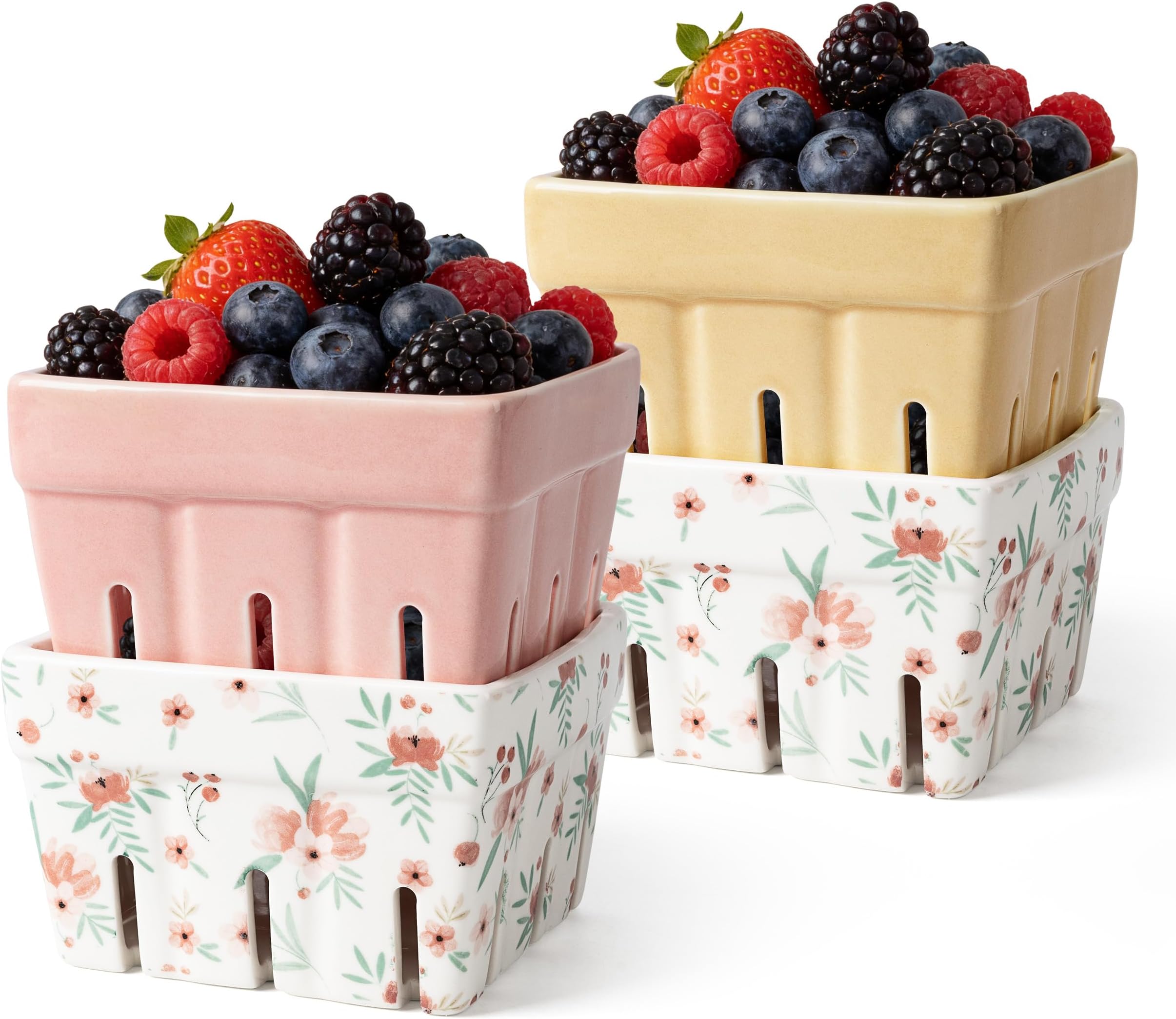 AELS Ceramic Berry Basket, Farmhouse Fruit Bowl Container for Fruit & Vegetables, Farmers Market, Pink Floral Pattern, Kitchen Decor, Stoneware Harvest Bowls, Set of 4