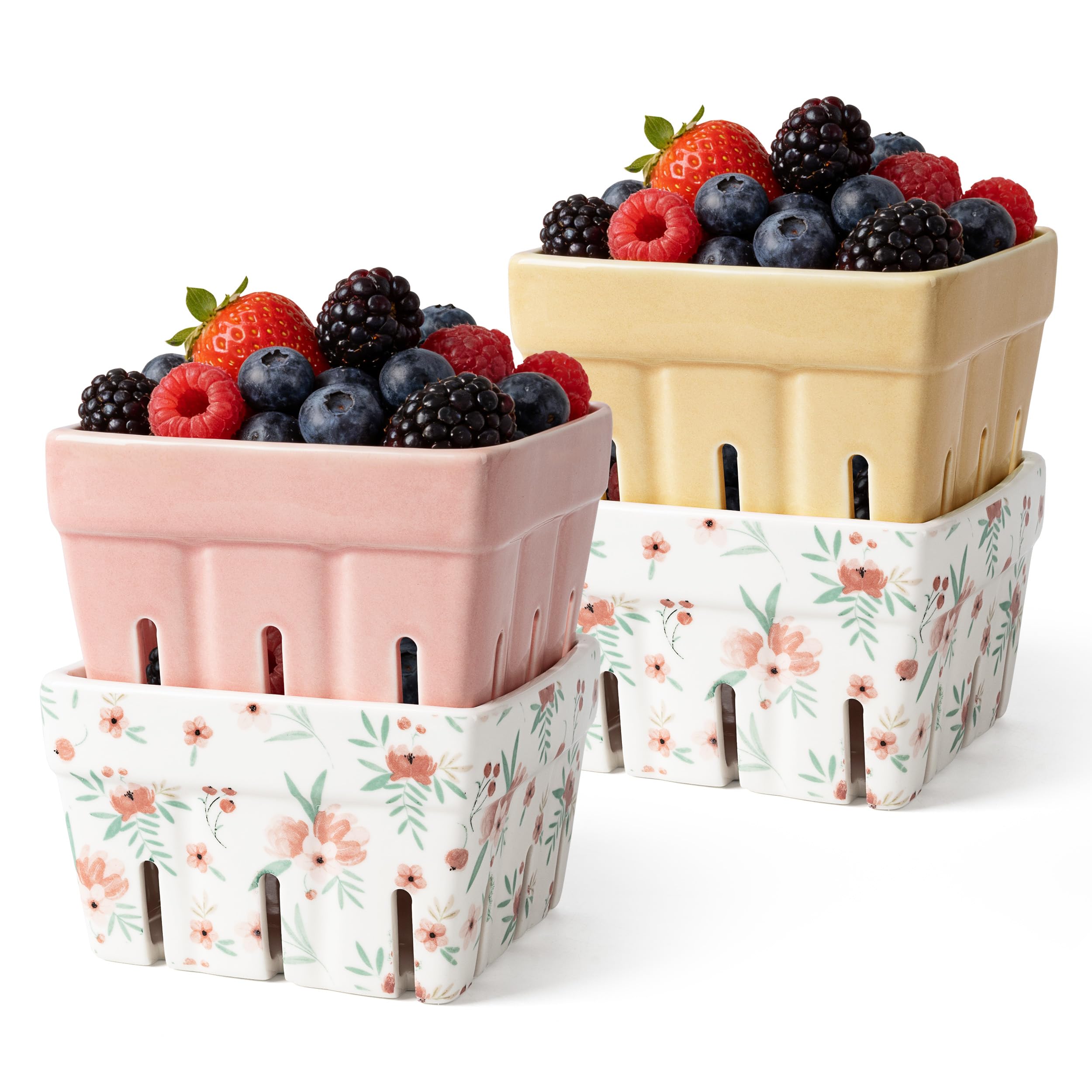 AELS Ceramic Berry Basket, Farmhouse Fruit Bowl Container for Fruit & Vegetables, Farmers Market, Pink Floral Pattern, Kitchen Decor, Stoneware Harvest Bowls, Set of 4