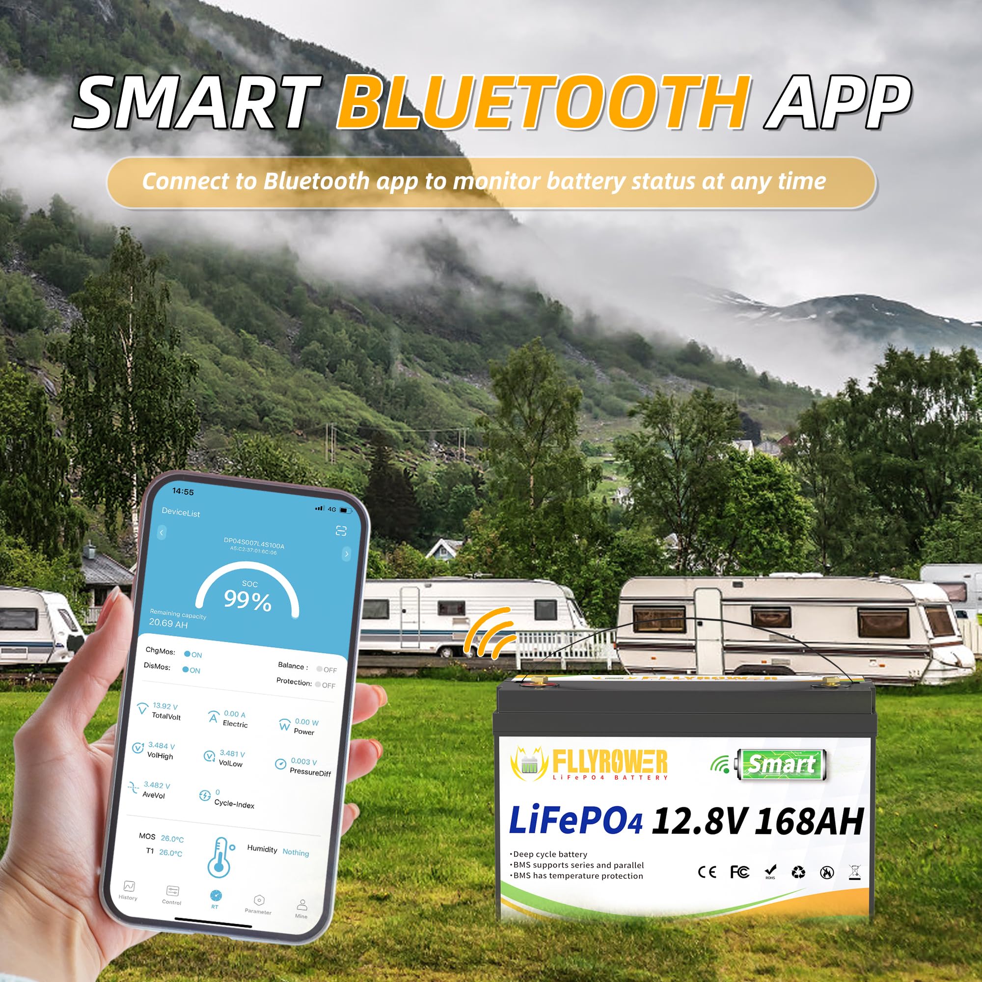 FLLYROWER Lithium Battery 12V 168AH With Smart BMS and 17000 Deep Cycles Lifepo4 Battery Grade A Cells for Marine Trolling Motor RV camping Solar Golf Cart Off-Grid