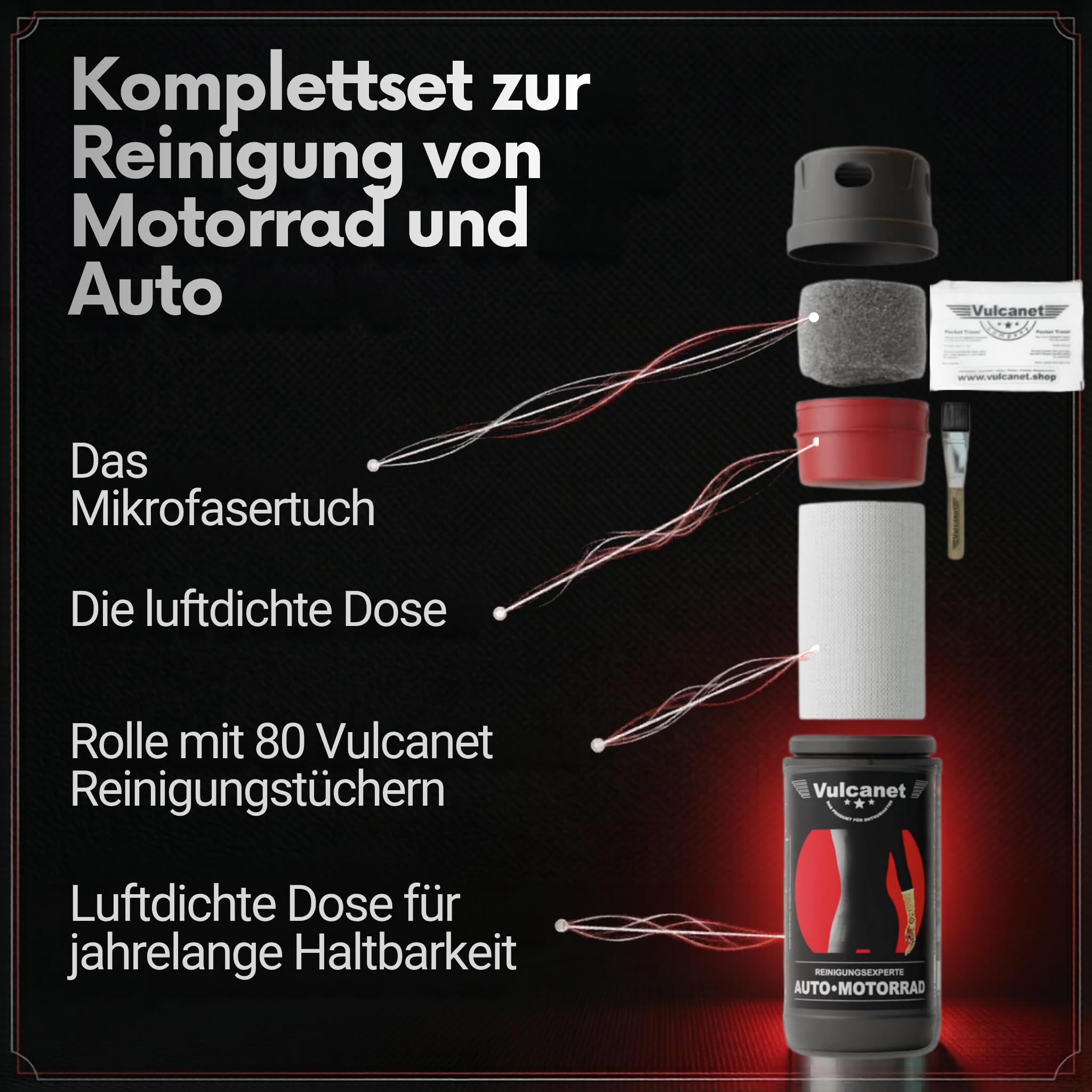 VULCANET Auto & Motorrad Reinigungsset für Experten, 80 Reinigungstücher + Inklusive Mikrofaser & Detailing Bürste – Reinigt, Poliert, Schützt – All-in-One Reiniger Karosserie, Felgen, Innenraum