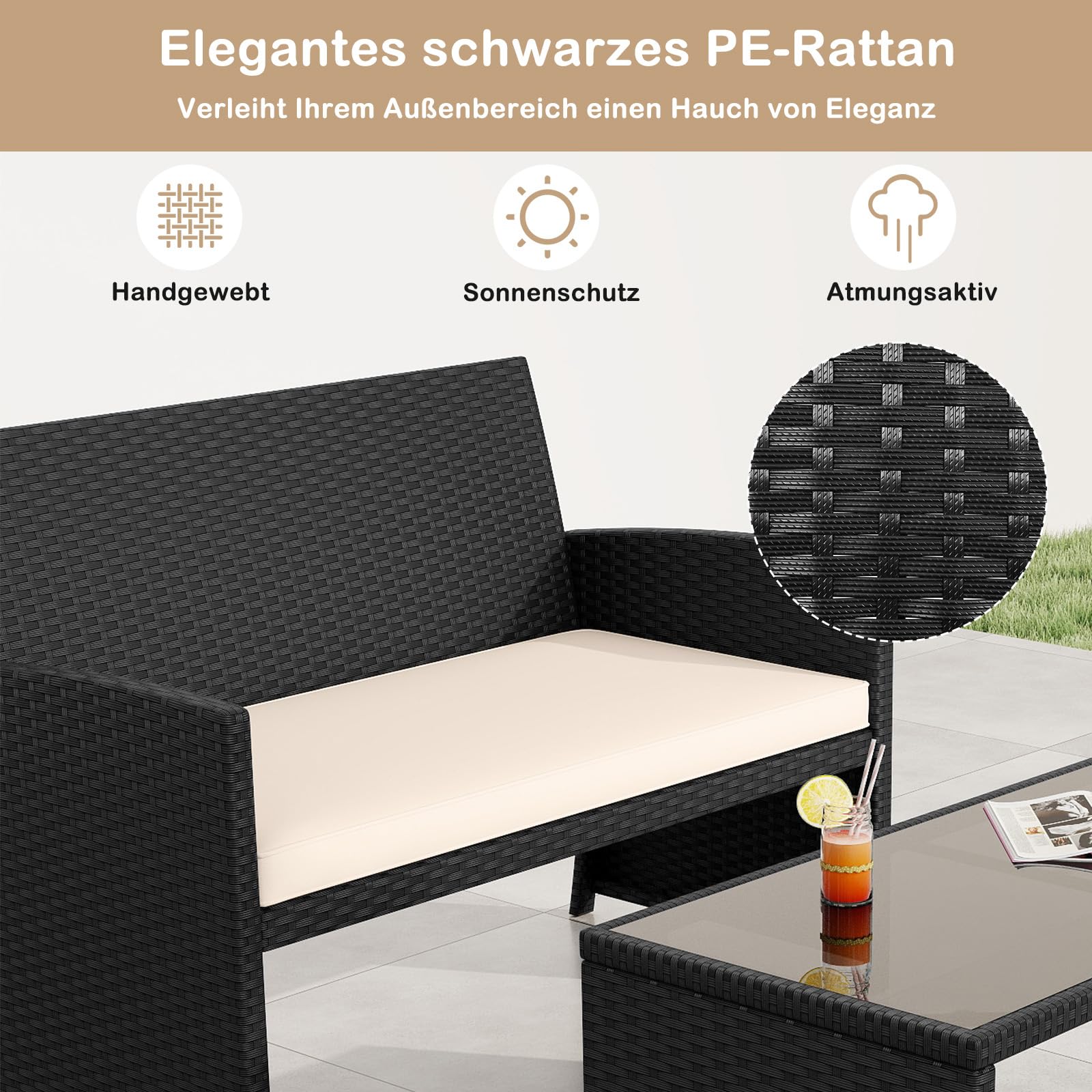 SOARS Gartenmöbel Set aus Polyrattan, Balkonmöbel mit 2 Sesseln, Zweisitzer, Glas-Couchtisch & 4 Sitzkissen, Lounge Möbel Outdoor für 4 Personen für Tarrasse, Balkon & Garten (Schwarz+Beige)