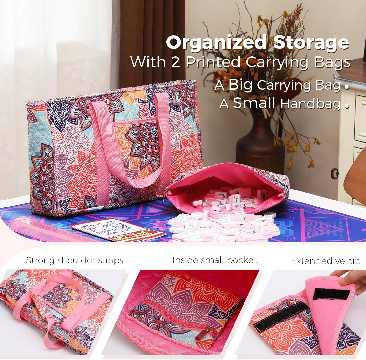 American Mahjong Tile Set with Printed Carrying Bag, 166 Premium Pink Tiles, 4 All-in-One Racks/Pushers and Accessories, Mahjong Set, Complete Mahjong Game Set for Travel,Gifts（Pink）