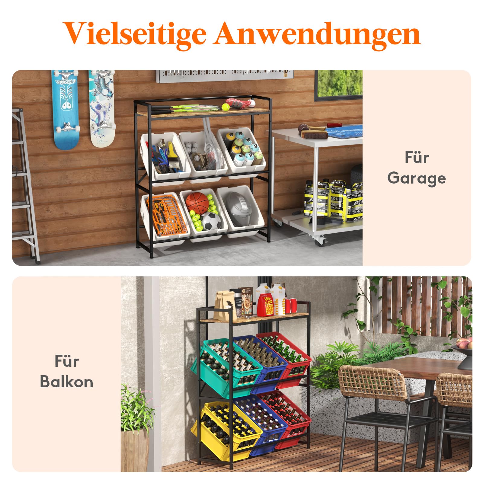 Lifewit Getränkekistenregal mit Ablage für 6 Kisten, Kistenregal Metall trag. 340 kg, 32D x 104W x 117,3H cm Freistehend Kistenständer Getränkeregal Wasserkistenregal Bierkistenregal, Rustikales Braun