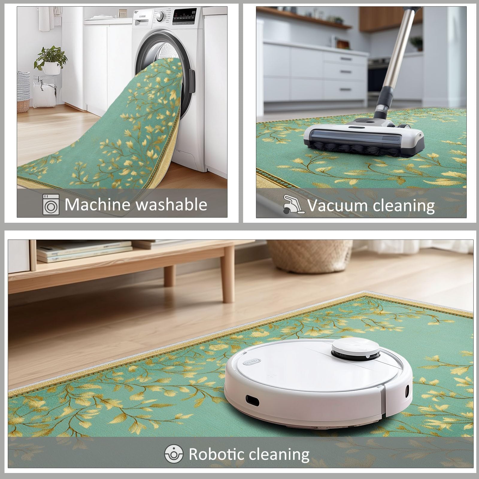 Tapis de Salon Lavable 150x180cm Vert Sauge à Poils Courts, Motif Floral champêtre, antidérapant, pour Bureau, Balcon, Salle de Bain