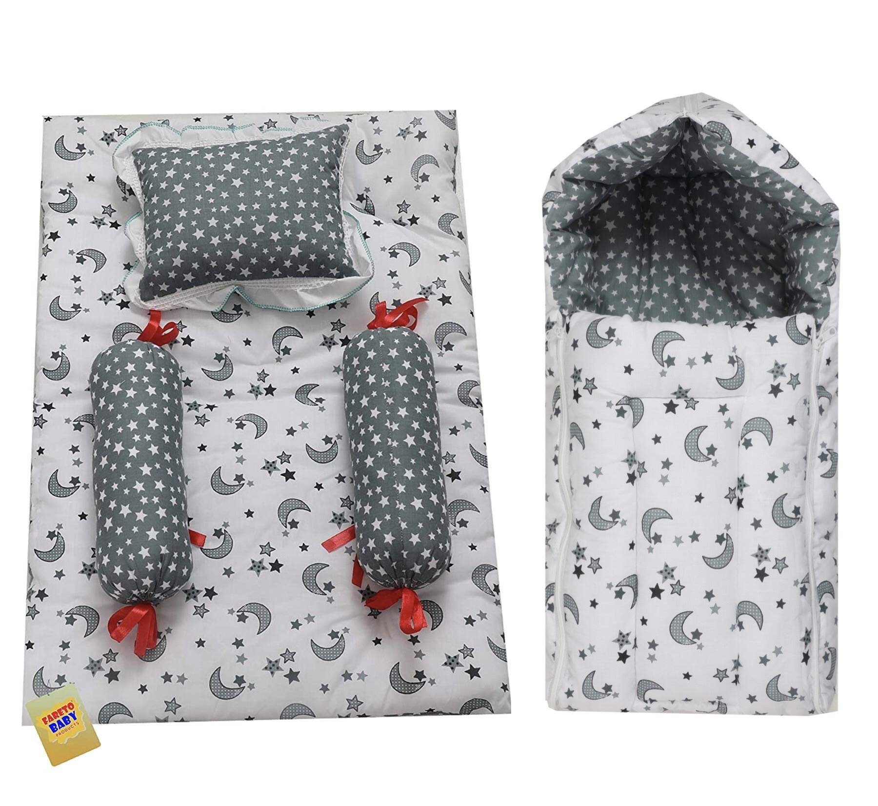 Infantbond Baby Combo of Bedding Set & 3 in 1 Carry Bag Cum Sleeping Bag Cum Mattress(0-6 Months)(Total Items: 5) (Star & Moon Grey)