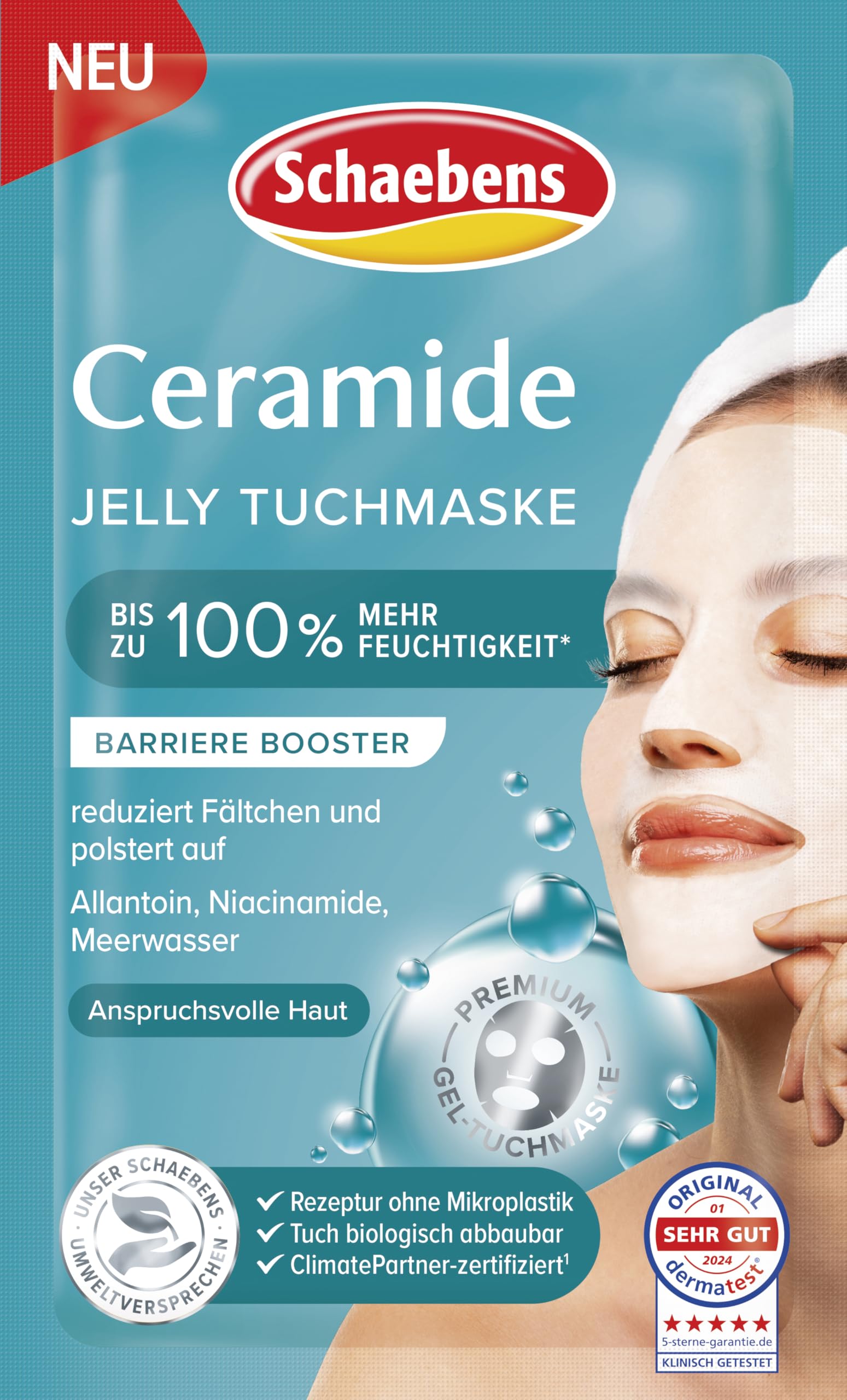 Schaebens Ceramide Jelly Tuchmaske - Barriere Booster für anspruchsvolle Haut, reduziert Fältchen, polstert auf und spendet bis zu 100% mehr Feuchtigkeit, mit Allantoin, Niacinamide und Meerwasser