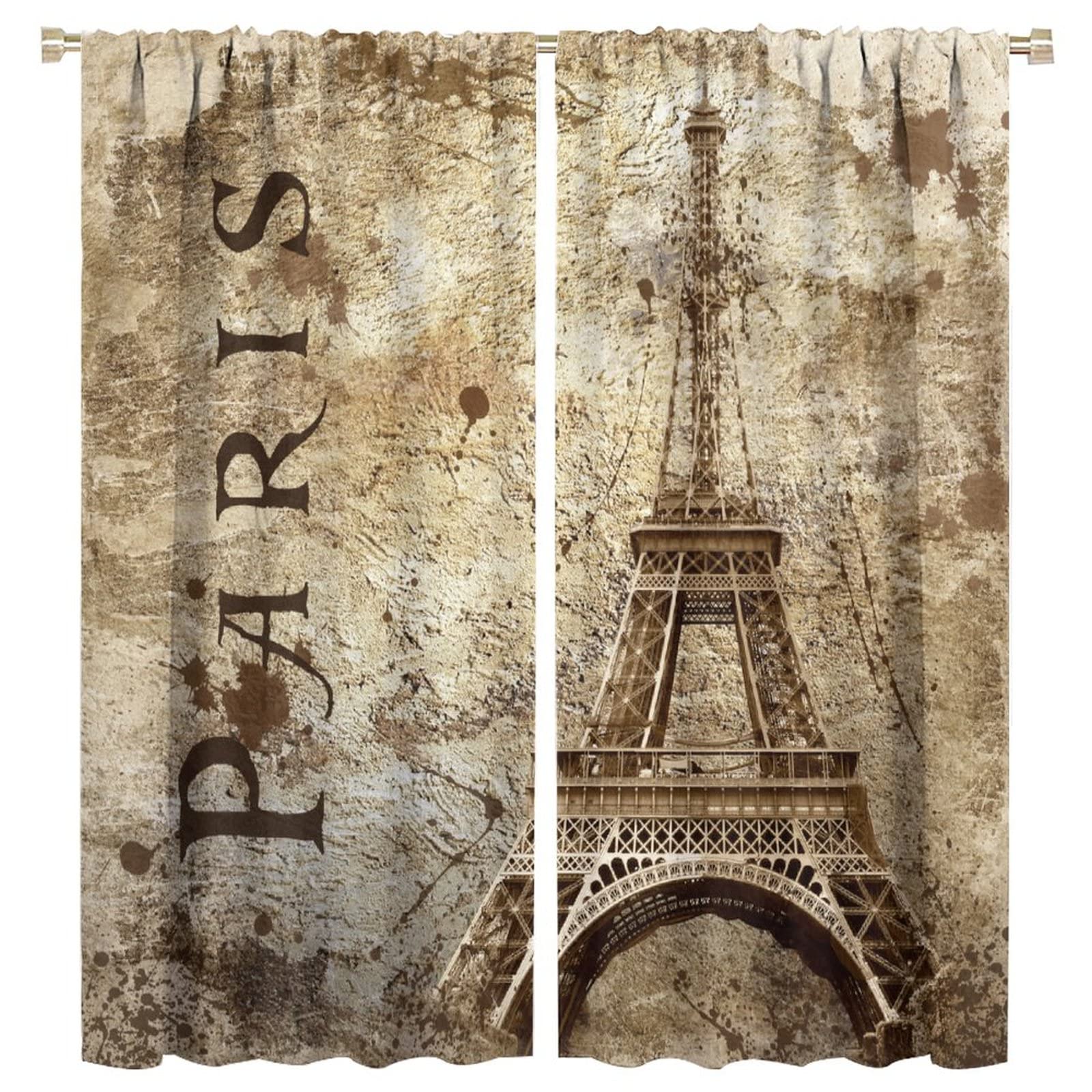 JESTRONRY Eiffel Tower Curtains,Vintage France Paris Famous Landmarks Printed Window Drapes 2 Panel Set for Living Room Bedroom Kitchen Cafe W63xL72in