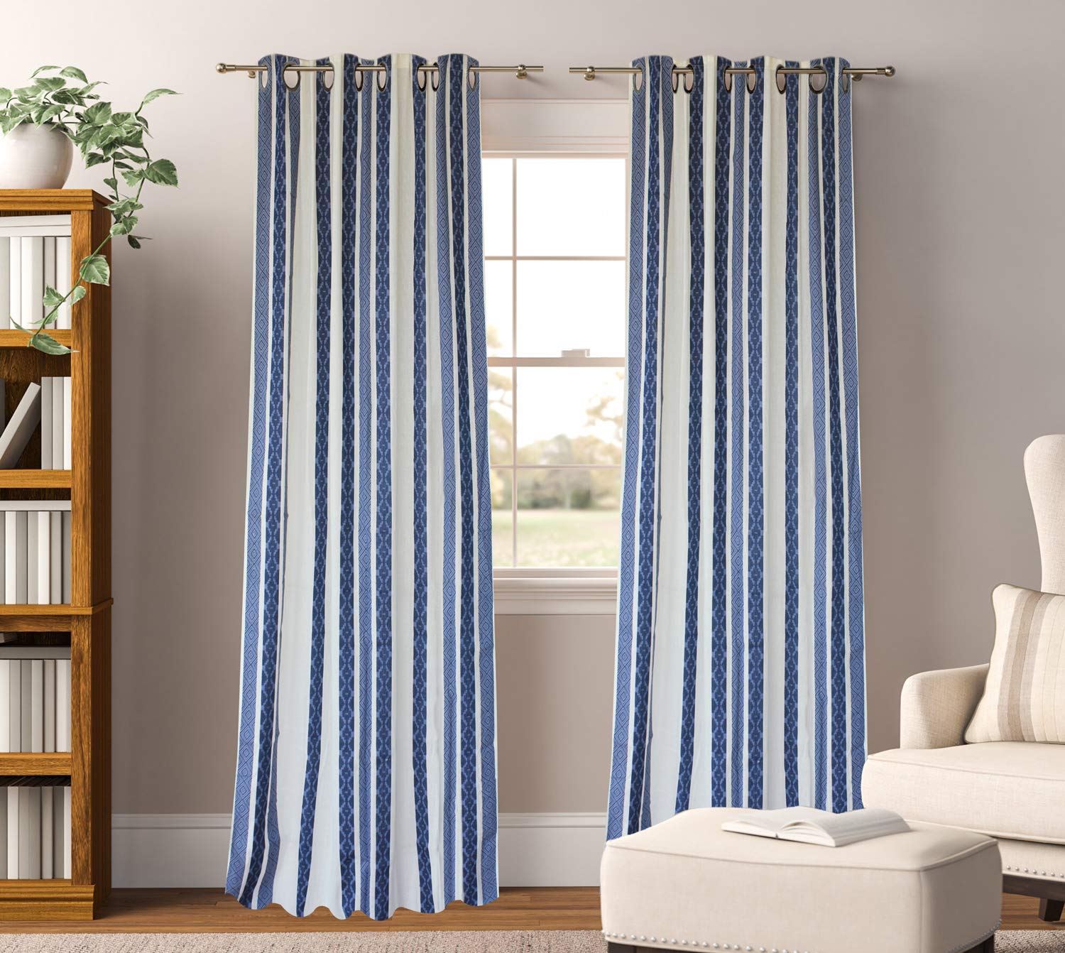 Dekor World Cotton Self Weaved Burfi White Blue Eyelet Curtain Set (Pack of 2)-110x215cm (4x7Feet) Door Curtain-for Bedroom and Living Room