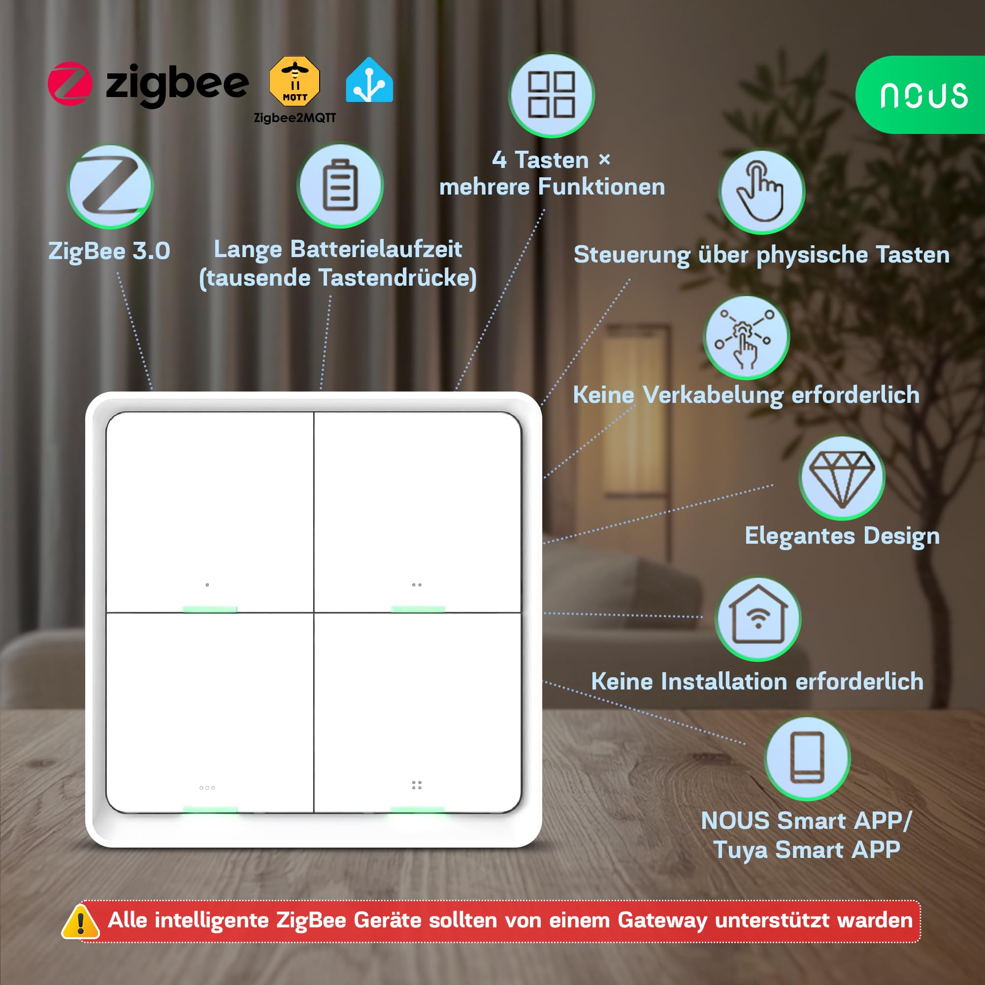 NOUS C1 ZigBee Funk-Schalter 4 Tasten, Smart Wireless Switch, Szenensteuerung bis zu 12 Aktionen, Batteriebetrieben, App Steuerung, Kompatibel mit Alexa & Google Home, ZigBee Hub Eforderlich