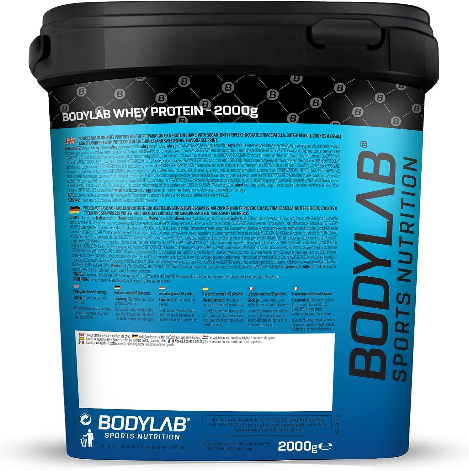 Bodylab24 Whey Protein Powder Cioccolato 2kg, proteine per muscoli più forti, whey può promuovere la costruzione dei muscoli, con 80% di proteine, senza aspartamee