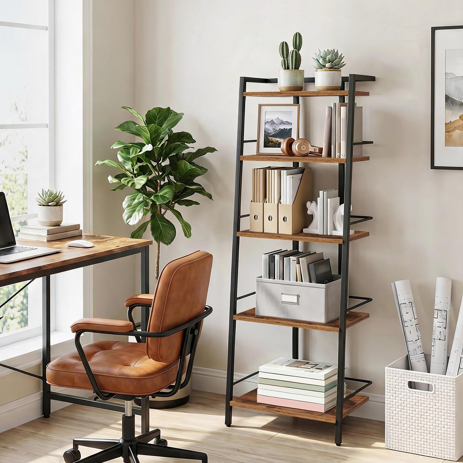 MAHANCRIS Estantería Trapezoidal, Librería de Estilo Industrial de 5 Niveles con Barandillas, Biblioteca Independiente, para Sala, Dormitorio o Despacho, Marrón Vintage y Negro ALSHR3501