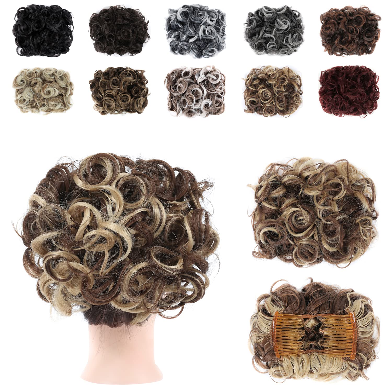 Combs Curly Hair Bun Clip in Ponytail Extension Synthetic Scrunchie Chignon Dish Tray Pony-tail Hairpieces (Ash Blonde & Medium Golden Brown Mixed -#60)