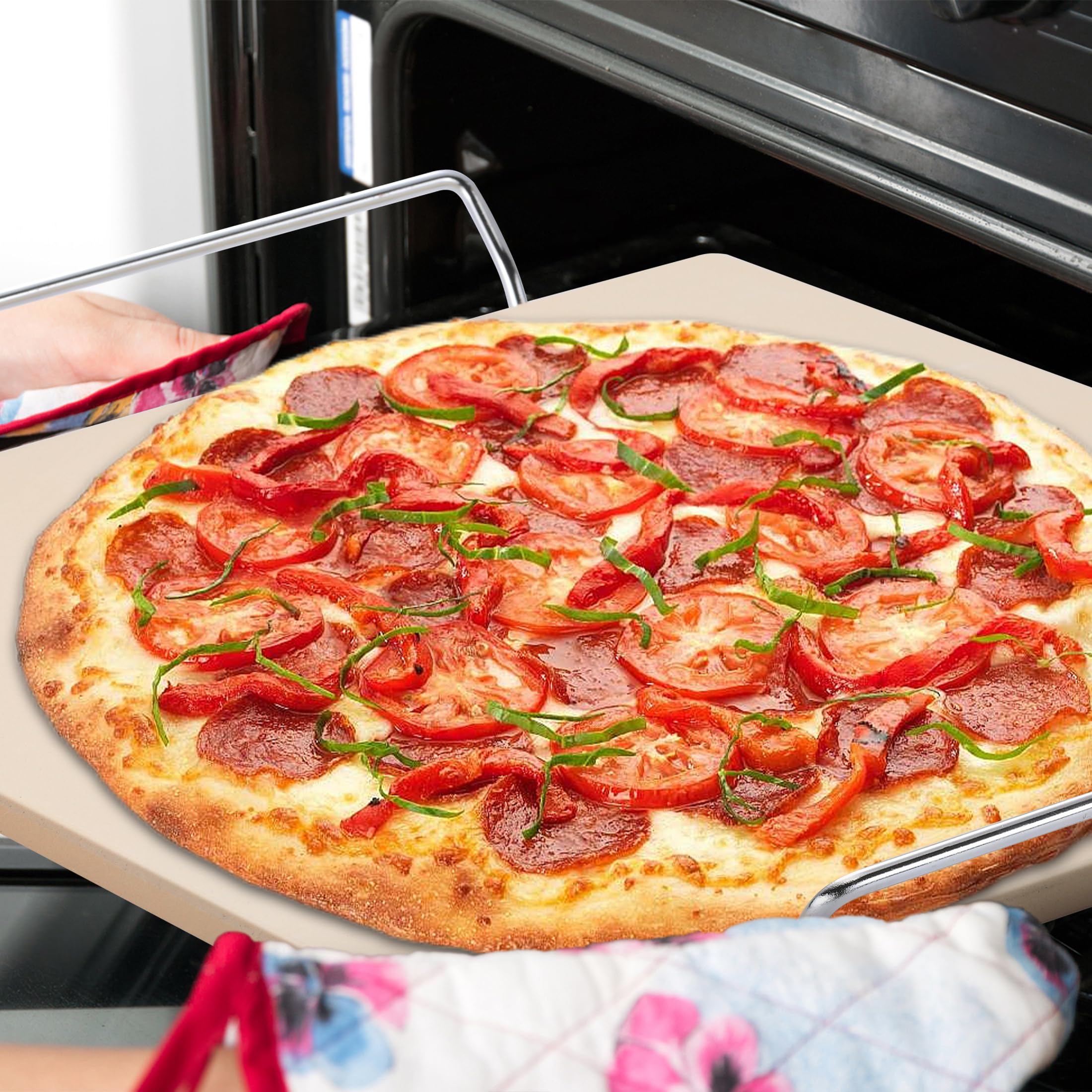 Piedra de pizza para horno Pleafind 38cmx30cm - Corteza de pizza - Bandeja de pizza de 33cm, Piedra de pizza de cordierita para grill de gas Set para pizza italiana (5en1)