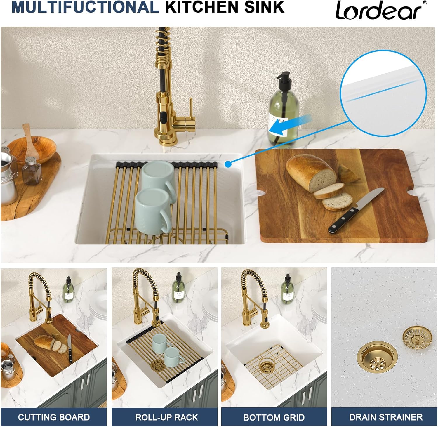 Lordear 18 Inch White Kitchen Sink Granite Composite Undermount Bar Workstation 18x18 White Quartz Sinks Under Counter Single Bowl with Classic Gold Accessories