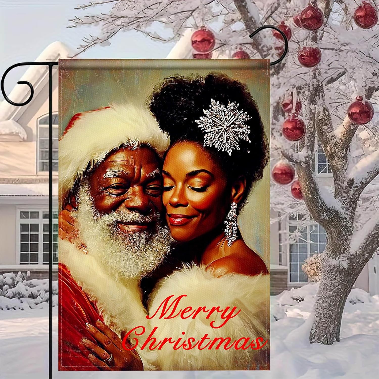 Black Santa and African American Mrs Claus Merry Christmas Garden Flag 12x18 Inch Holiday Couple Yard Banner Double Sided Seasonal Outdoor Winter Decoration for Porch Lawn Patio Pathway - Image 3