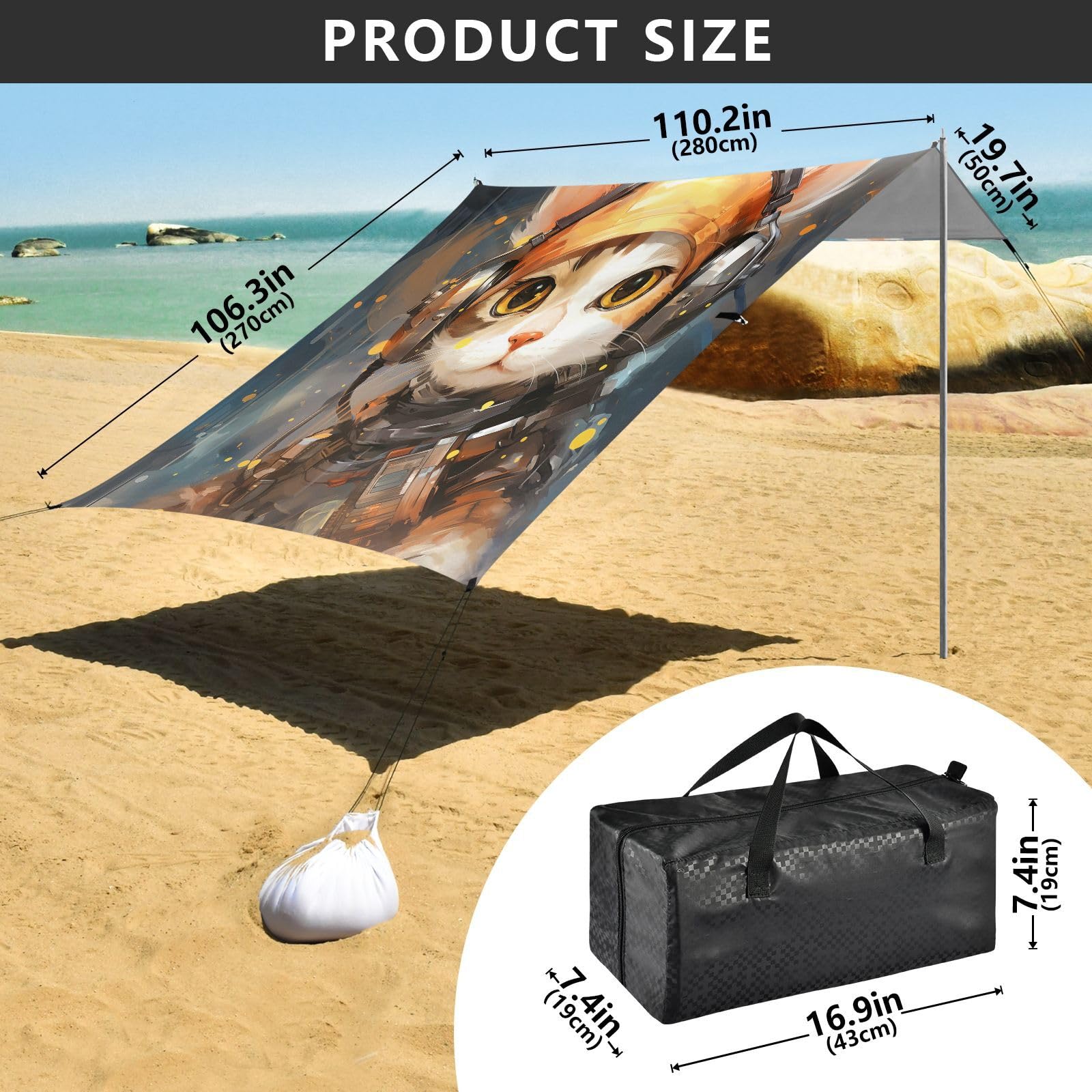 Coole Katze Soldat Kunstwerk Strandzelt Sonnenschutz Camping-Vordach,Einfach Aufzubauen,Tragbar mit Sandsäcken für Angeln und Picknick im Freien