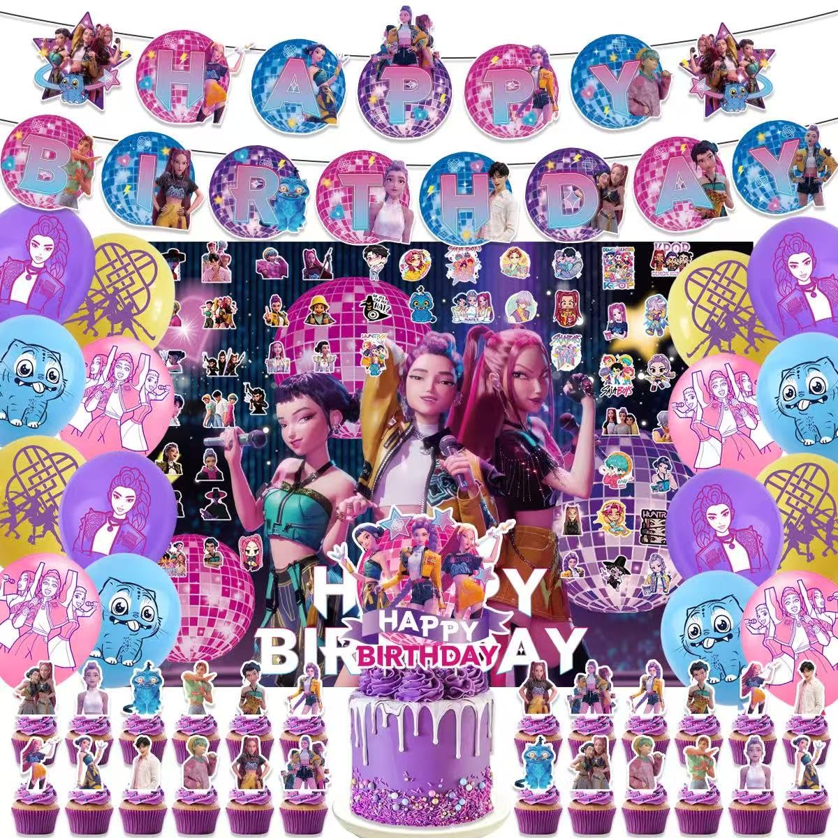 View 1 of 153 Pcs K POP Demon Hunters Birthday Decorations, Party Supplies Kit with Backdrop, Banner, Cake Topper, Cupcake Picks, Balloons, Stickers for Themed Celebration (Multicolor? 153PCS)