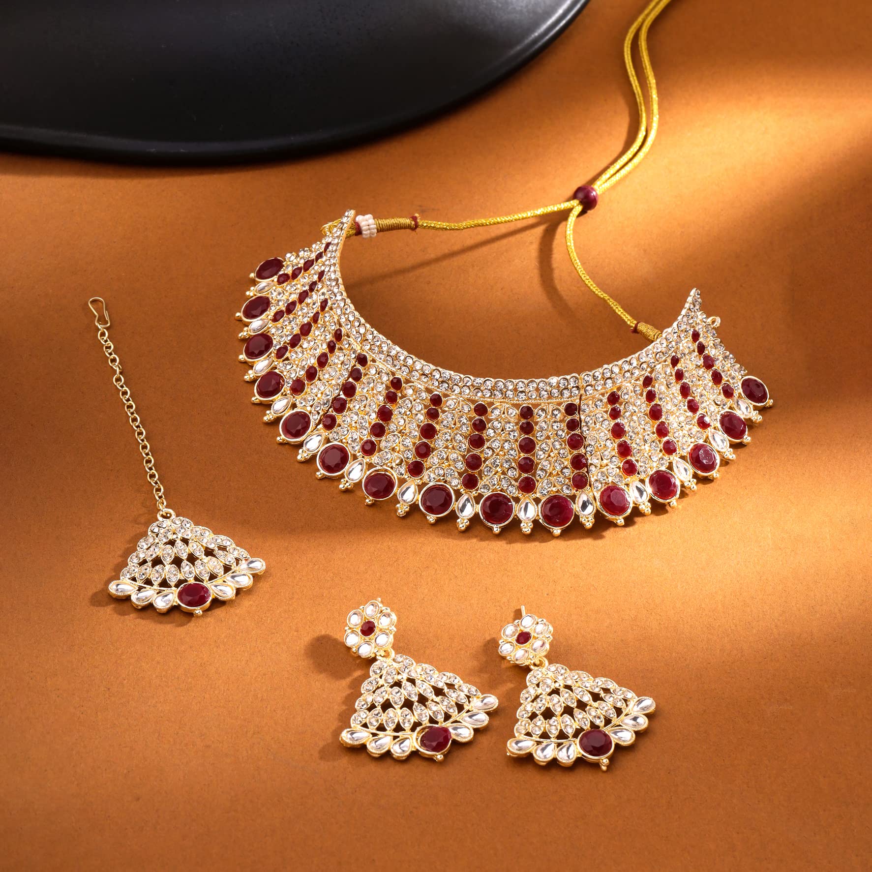 Women's Crystal Tone Red Broad Choker Necklace Set, Birthday Gift