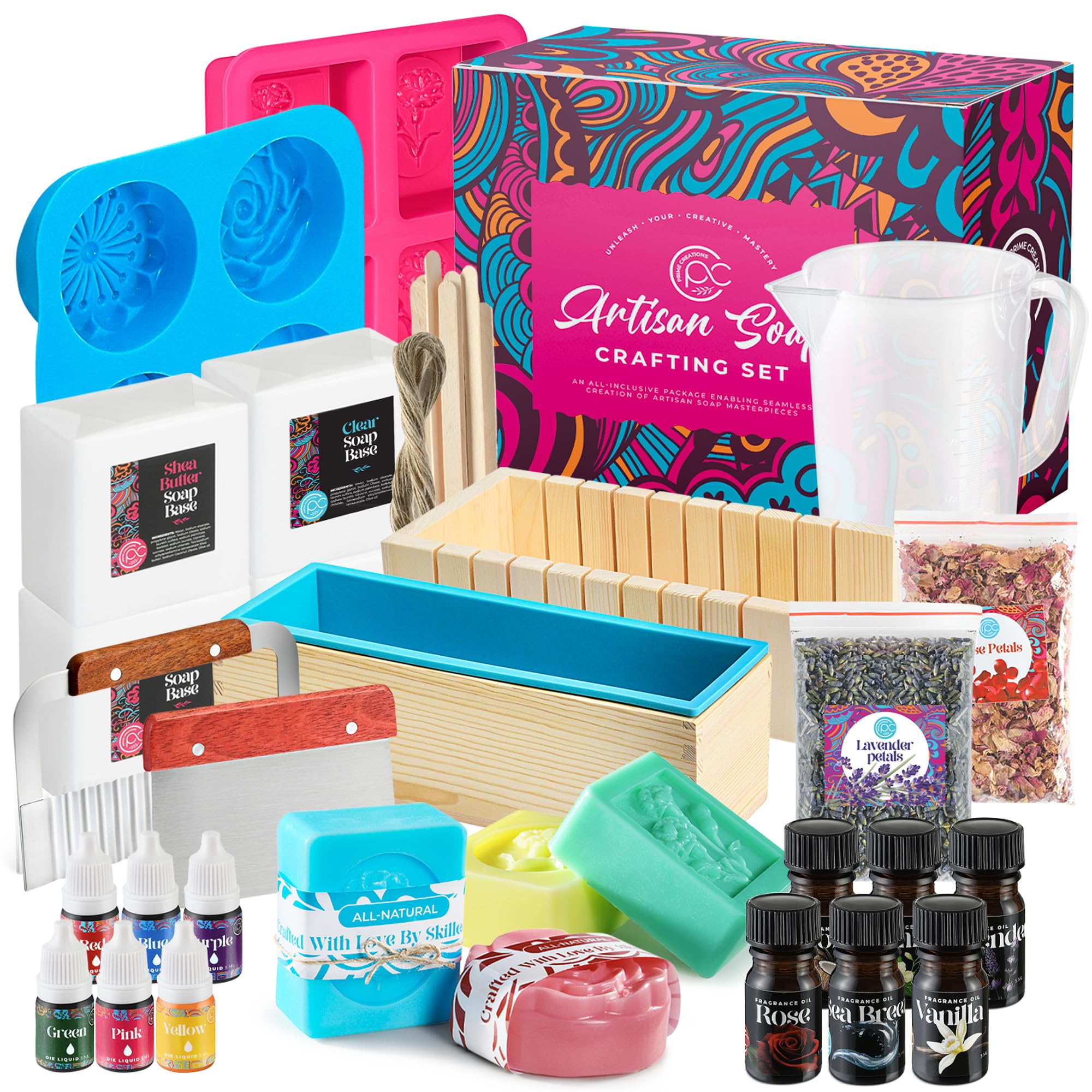 Soap Making Kit with Melt & Pour Base, Cutting Box, Molds, Fragrances - for Adults & Kids by Prime Creations.