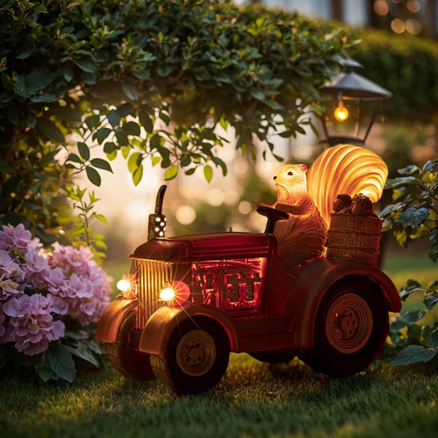 Solar Lighted Squirrel's Farm Tractor Statue