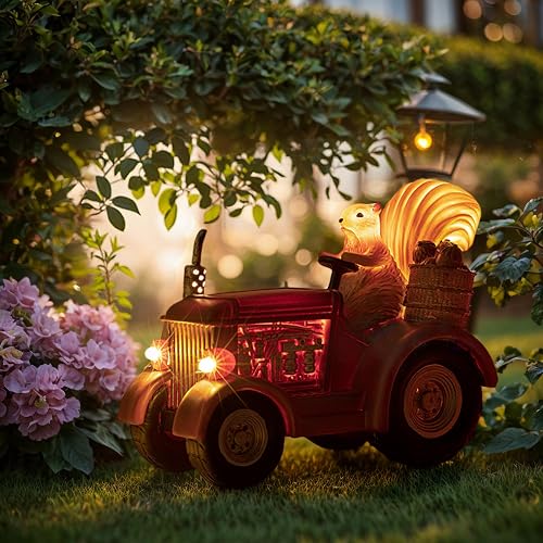 YUETJIN Solar Lighted Squirrel's Farm Tractor Statue, Outdoor Décor for