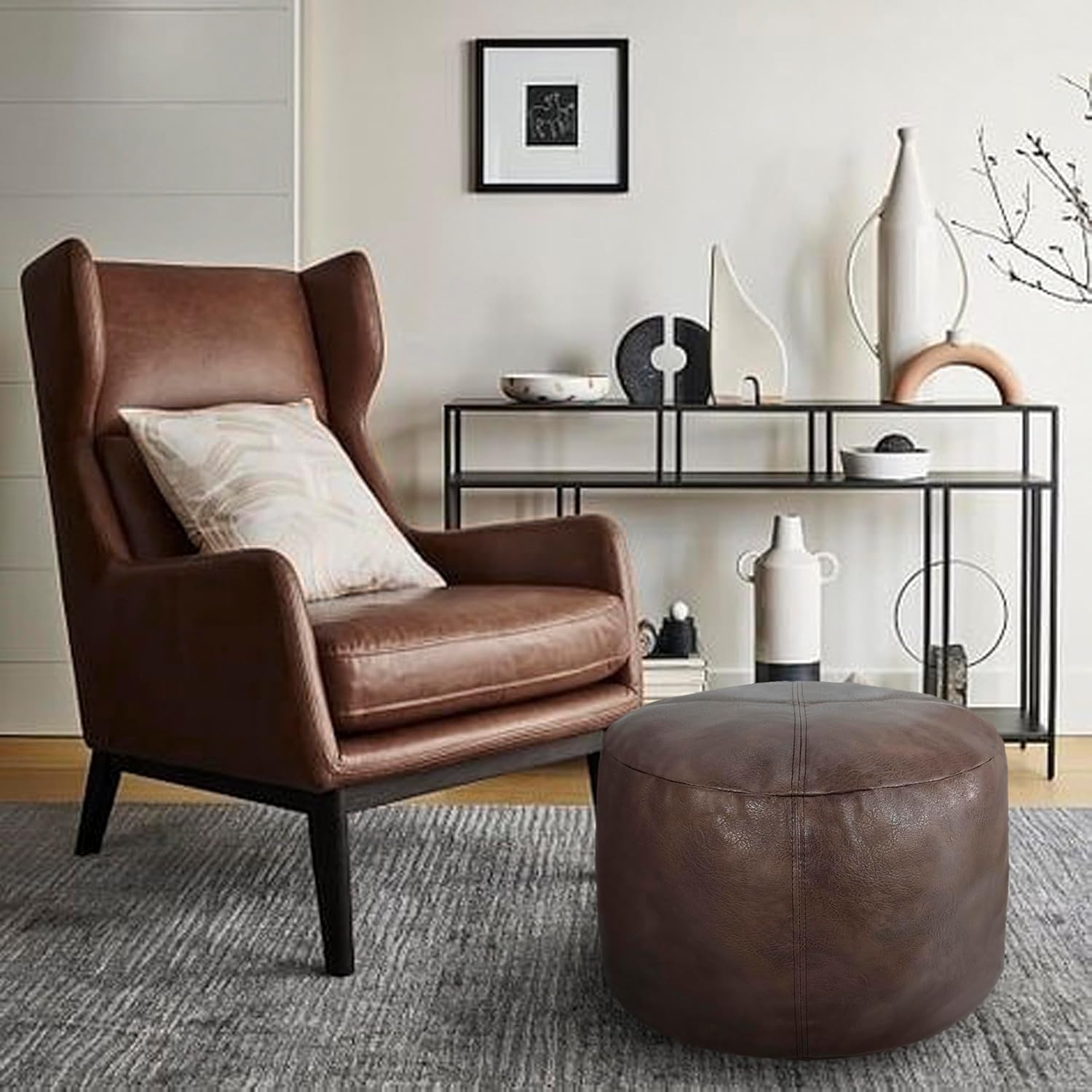 Thgonwid Unstuffed Faux Leather Pouf Cover, Handmade Footstool Ottoman Storage Solution, Floor Footrest Cushion - 16.5”Dx12”H, Matte Coffee