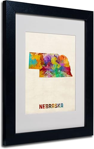 Trademark Fine Art Mapa de Nebraska - Arte enmarcado mate por Michael Tompsett en marco negro, 11 x 14 pulgadas