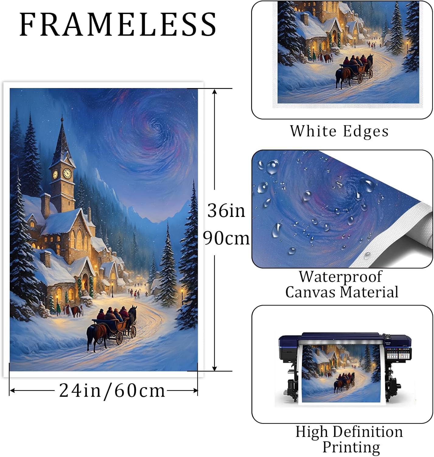 Christmas Village Snowy Night Scene Church Clock Tower Horse Carriage Winter Landscape Art Print - Canvas Poster (B-2,24.00" x 36.00", Unframed)