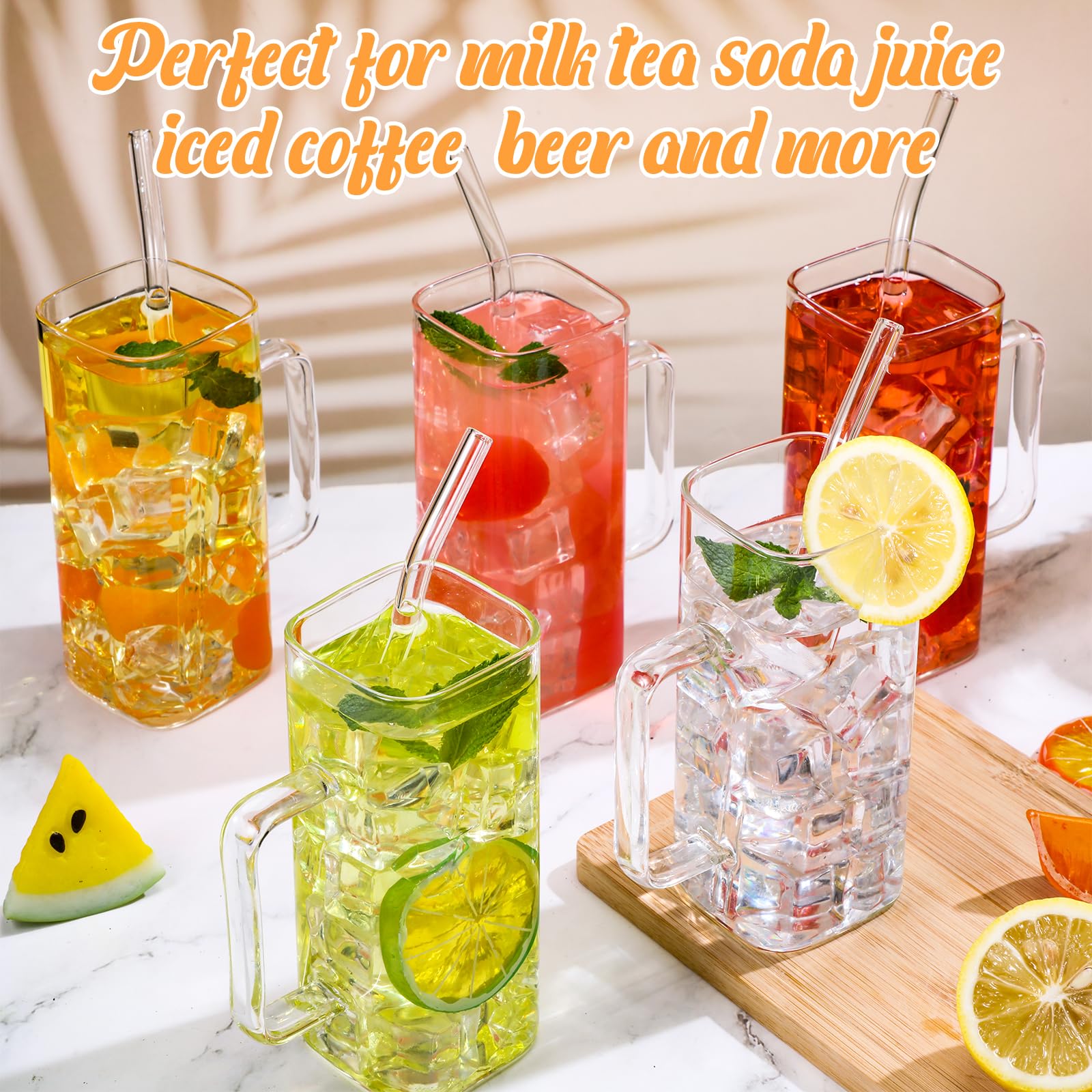 Gejoy 6 Pcs Square Glass Cups with Straws and Straw Brushes Thin Cute Cocktail Glasses Glassware Portable Ice Coffee Cups Glass with Color Handle for Home Office Coworker(Clear Handle, 16 oz)