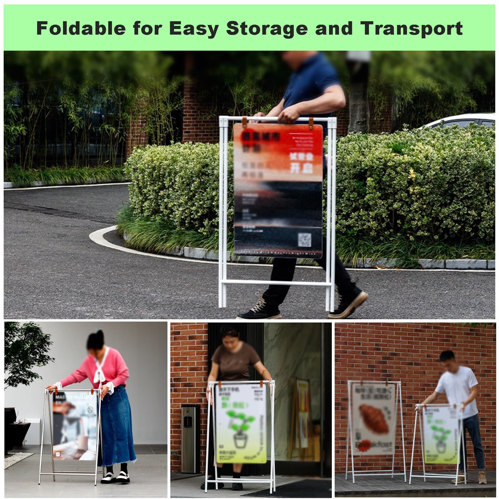 Soporte plegable para carteles, para uso en interiores y exteriores, acero inoxidable y acrílico, para publicidad de negocios y ferias comerciales
