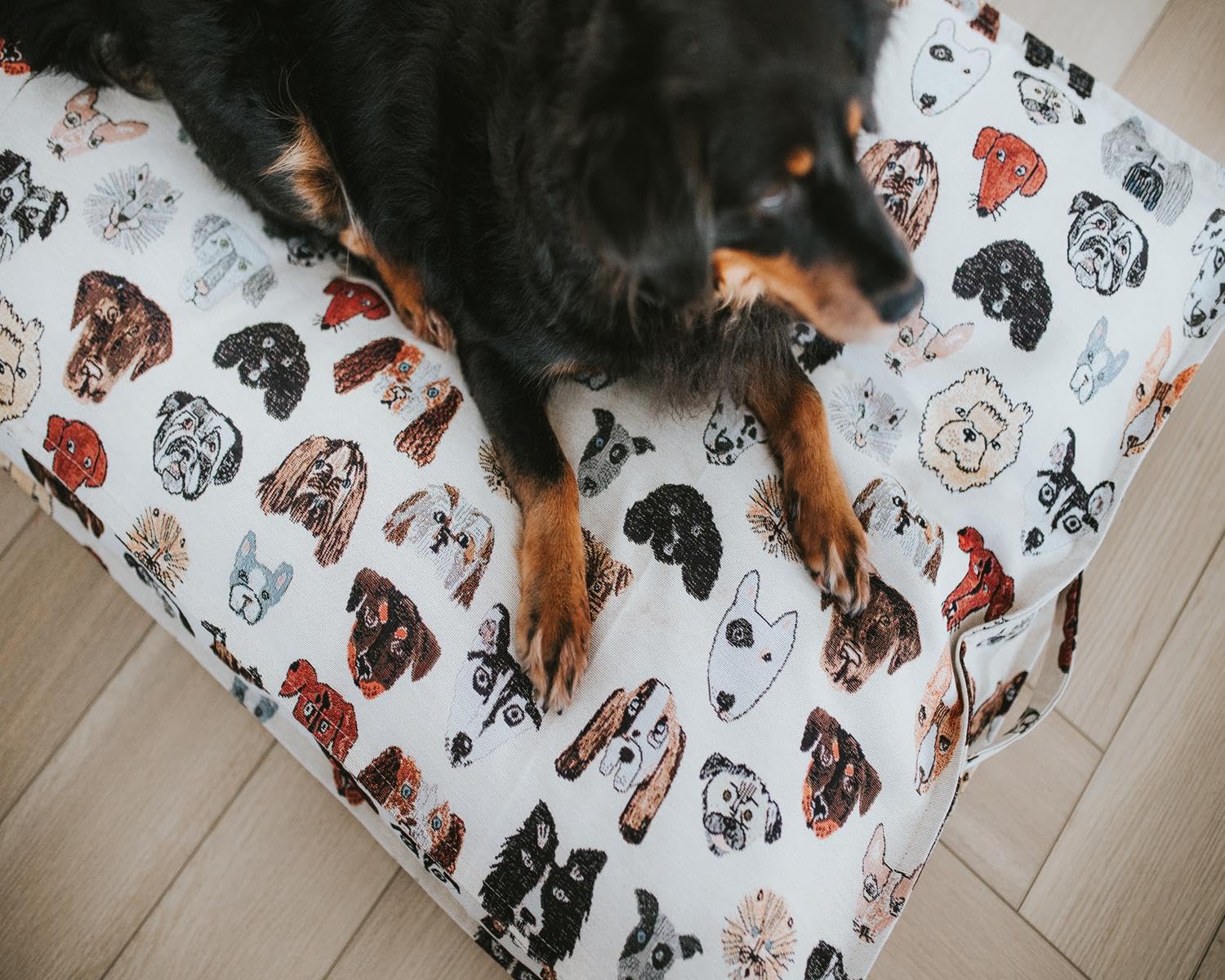 BARRY & LUCY® Hundebett aus Jacquard – Hochwertiges Hundekissen mit abnehmbarem Bezug & Tragegriff stilvolles Design mit Hunde-Motiven in 3 Größen erhältlich – Waschbar & bequem (Orthopädisch, L)