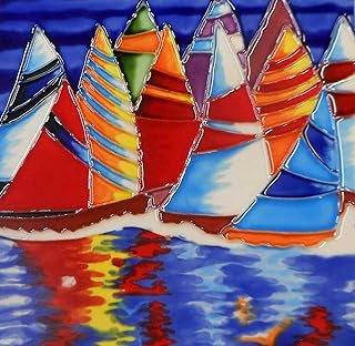 Sailboats Hand Painted Ceramic Art Tile 8x8 inches