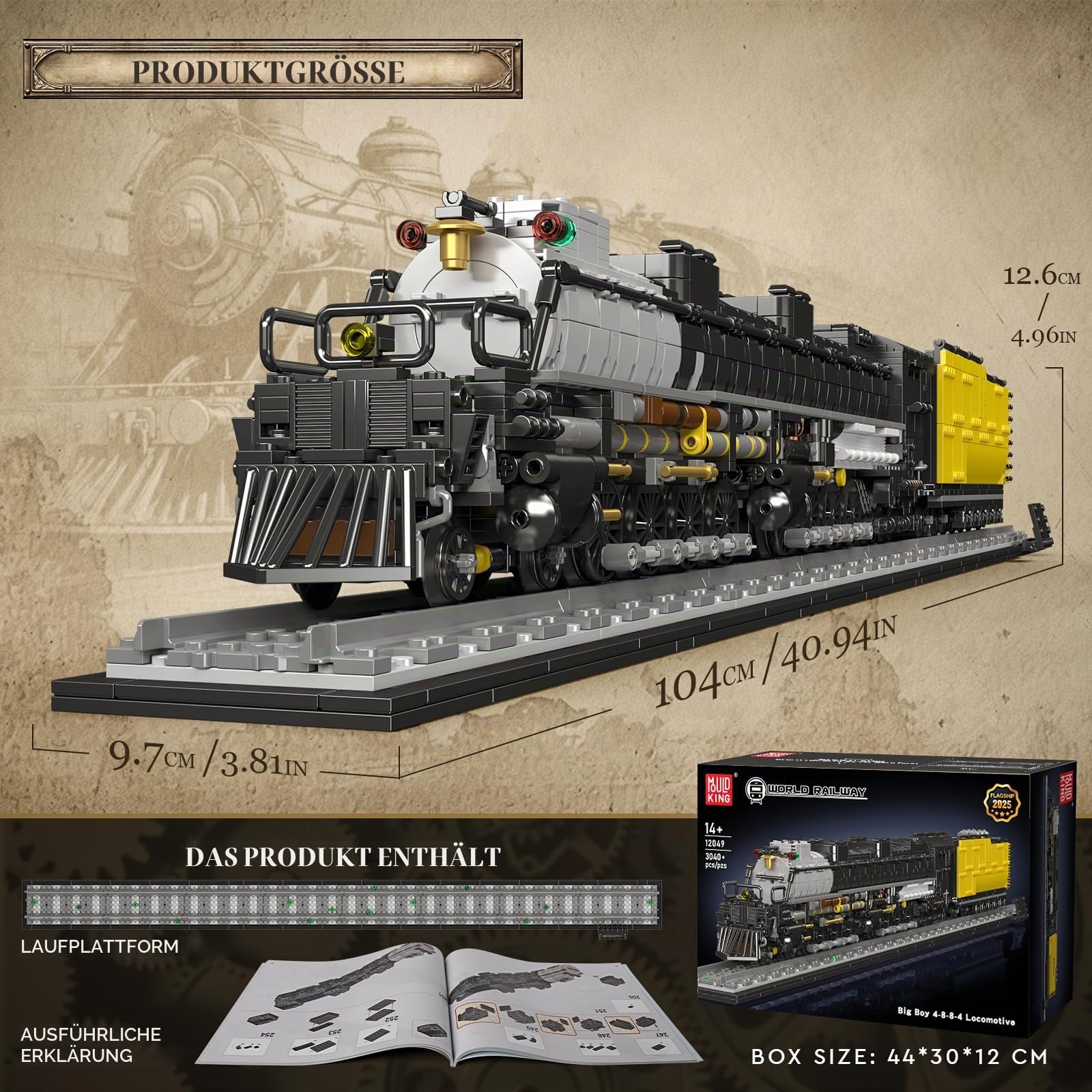 Mould King 12049 Technik Dampfzug Zug Bausteinset, 3040 Teile Detailliertes Modell, Dampflok Nachbildung Bausteine Spielzeug Geschenke für Erwachsene (Statische Version)