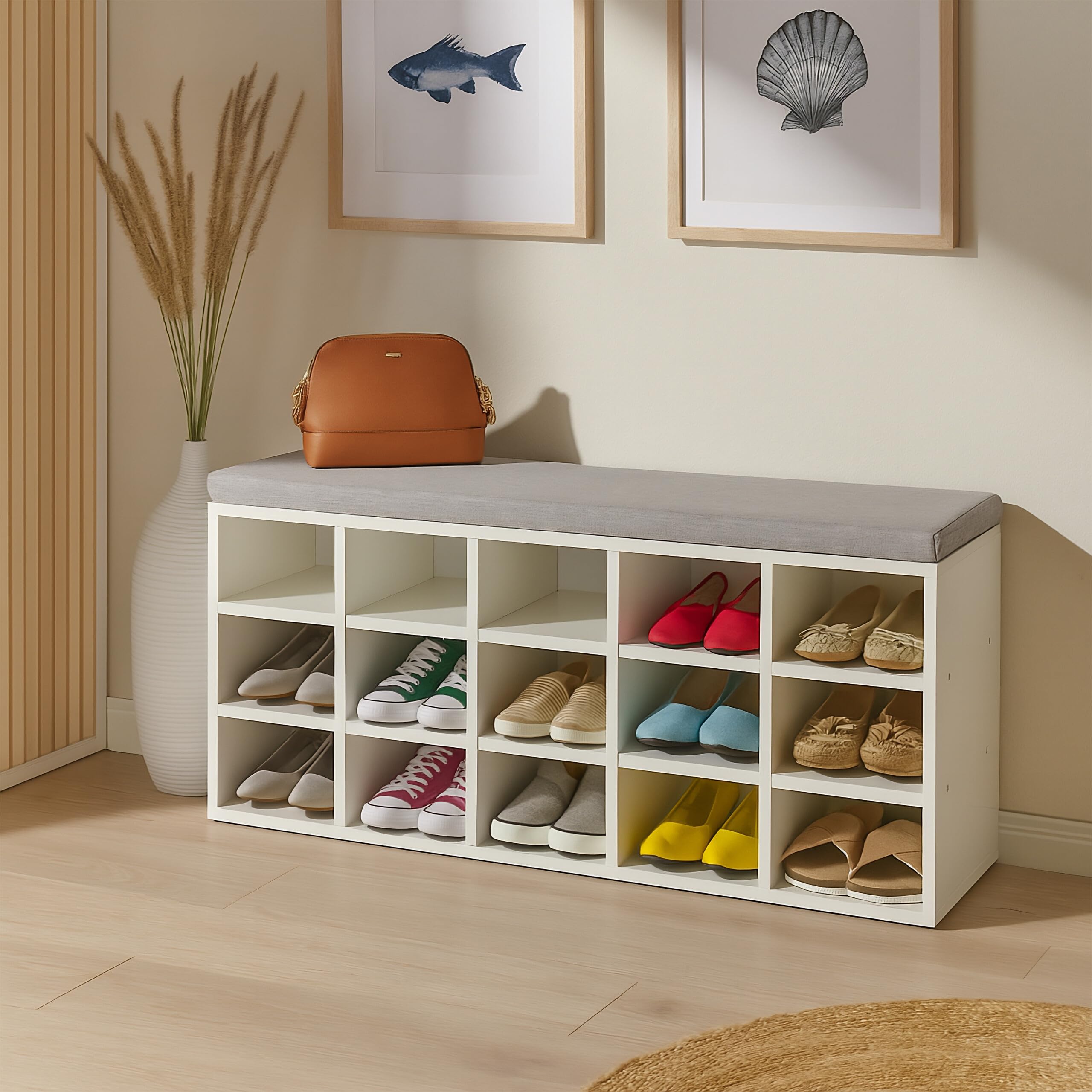 Relaxdays Banco Zapatero con Asiento, 15 Cajones, Tapizado, Pasillo o Entrada, Descalzadora, 48x105x30 cm, Blanco/Gris