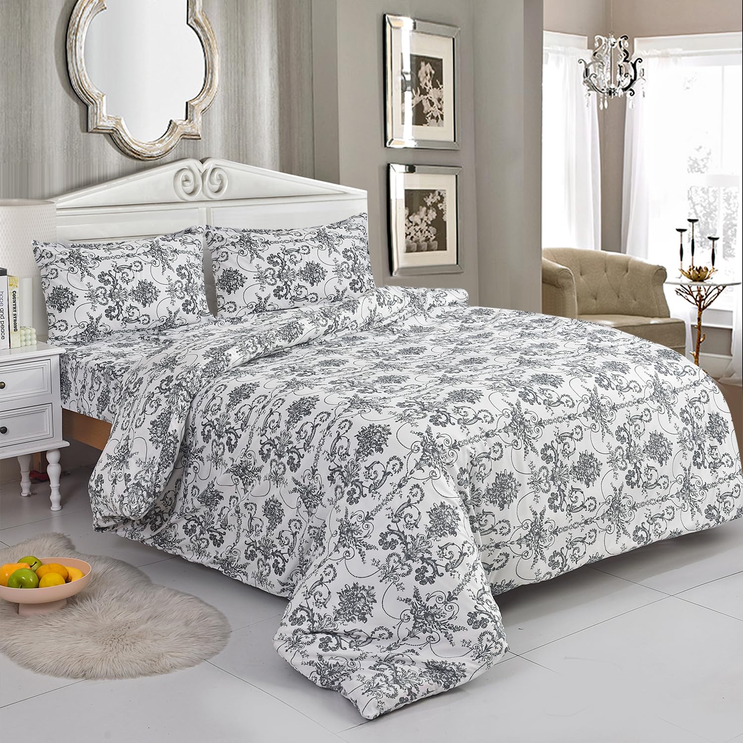BOSKI LONDON 4 Piece Printed Bedding Set – Microfiber Duvet Cover, Fitted Sheet 25cm Deep Pocket & Pillowcases | Soft Quilt Cover Set Single Double King Super King (Vintage White, DOUBLE)