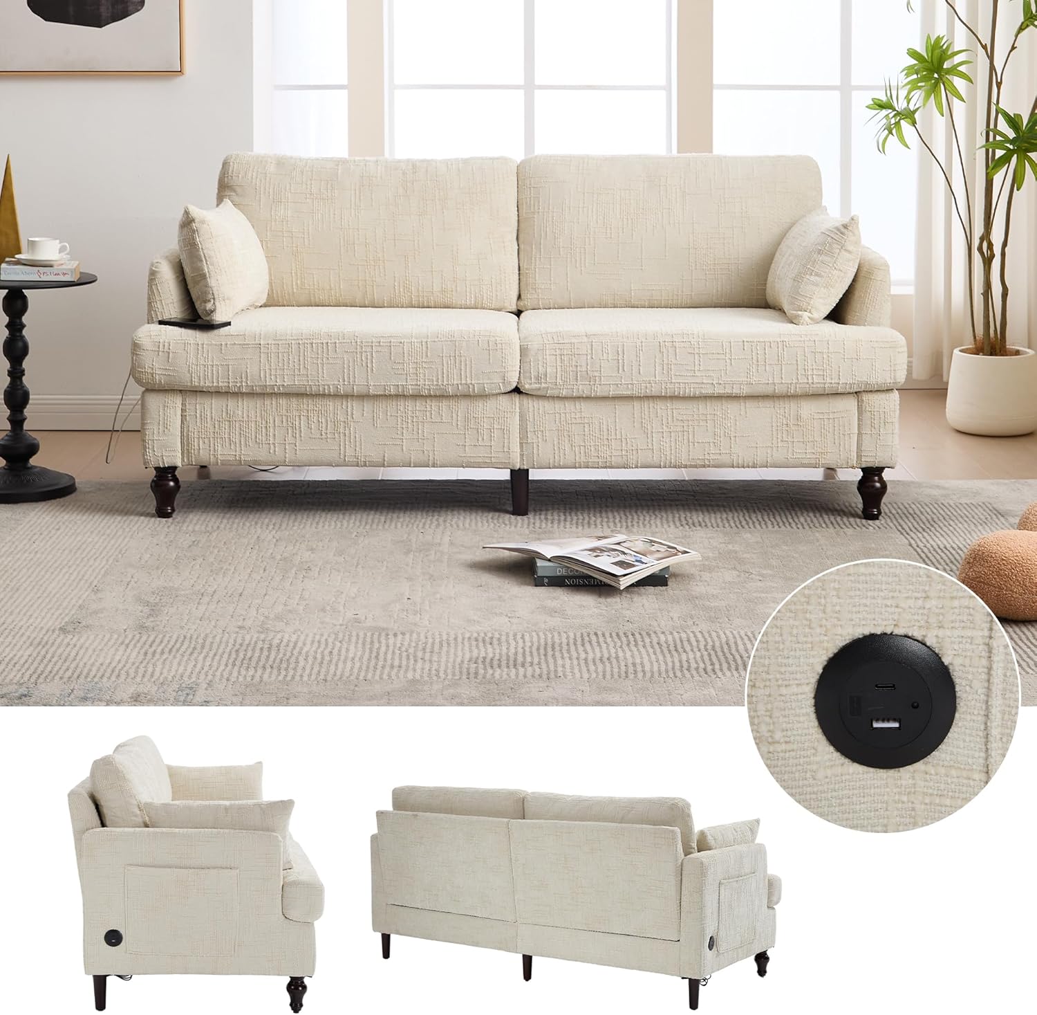 Modern Chenille 2-Seater Sofa with Wood Legs, USB Charging Port, Colorful LED Light, and Side Storage Bag, Multifunctional Fabric Loveseat for Living Room, Study (Beige)