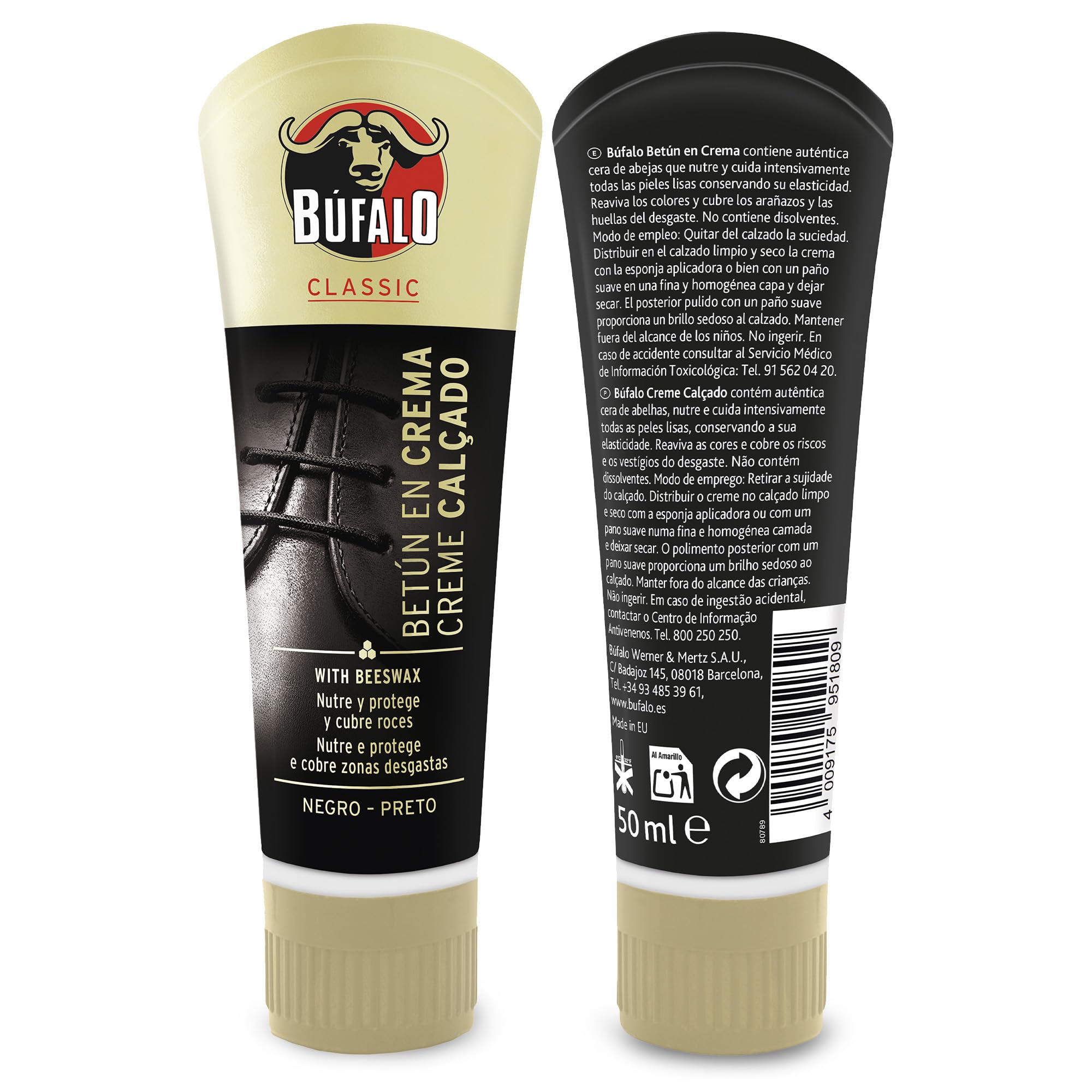Búfalo Classic - Betún en Crema para Zapatos, Cuidado del Calzado, Crema Color Negro que Nutre, Protege y da Brillo, Óptimo para Pieles Lisas - Tubo de 50ml