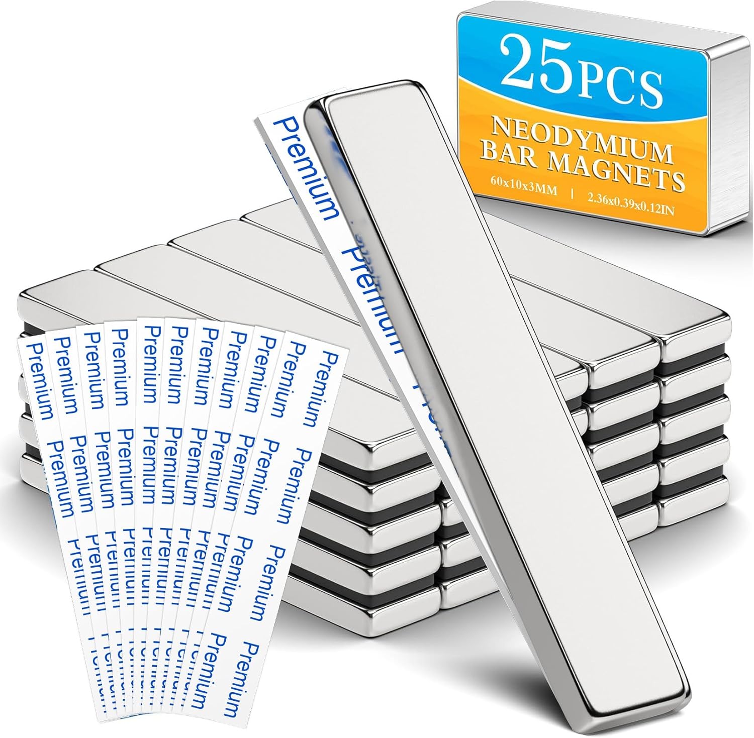 Grtard 60 Pack Powerful Neodymium Bar Magnets, 60 x 10 x 3 mm Rare Earth Magnet Bar, Rectangle Magnet,Neodymium Magnets with Double Sided Adhesive Backing for Outdoor, Fridge, Whiteboard