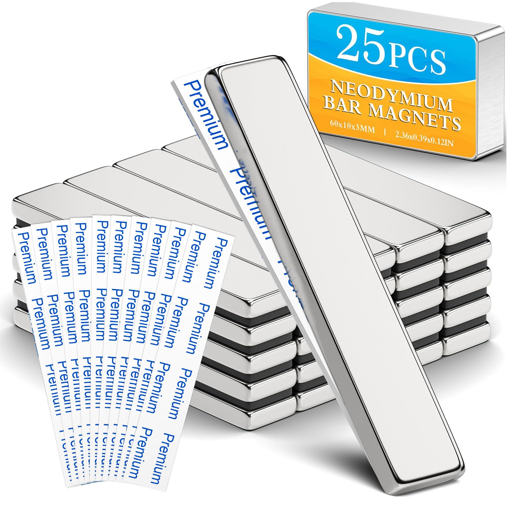 Grtard 25 Pack Powerful Neodymium Bar Magnets, 60 x 10 x 3 mm Rare Earth Magnet Bar, Rectangle Magnet, Neodymium Magnets with Double Sided Adhesive