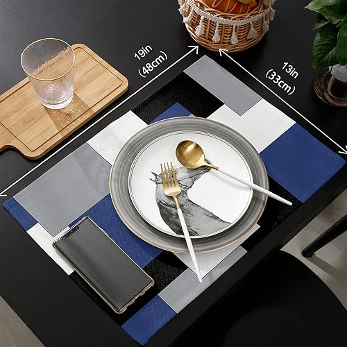 Miniatura 6 de Juego de 6 manteles individuales de lino con bloques de color negro y azul marino, manteles individuales rectangulares lavables de 19 x 13 pulgadas