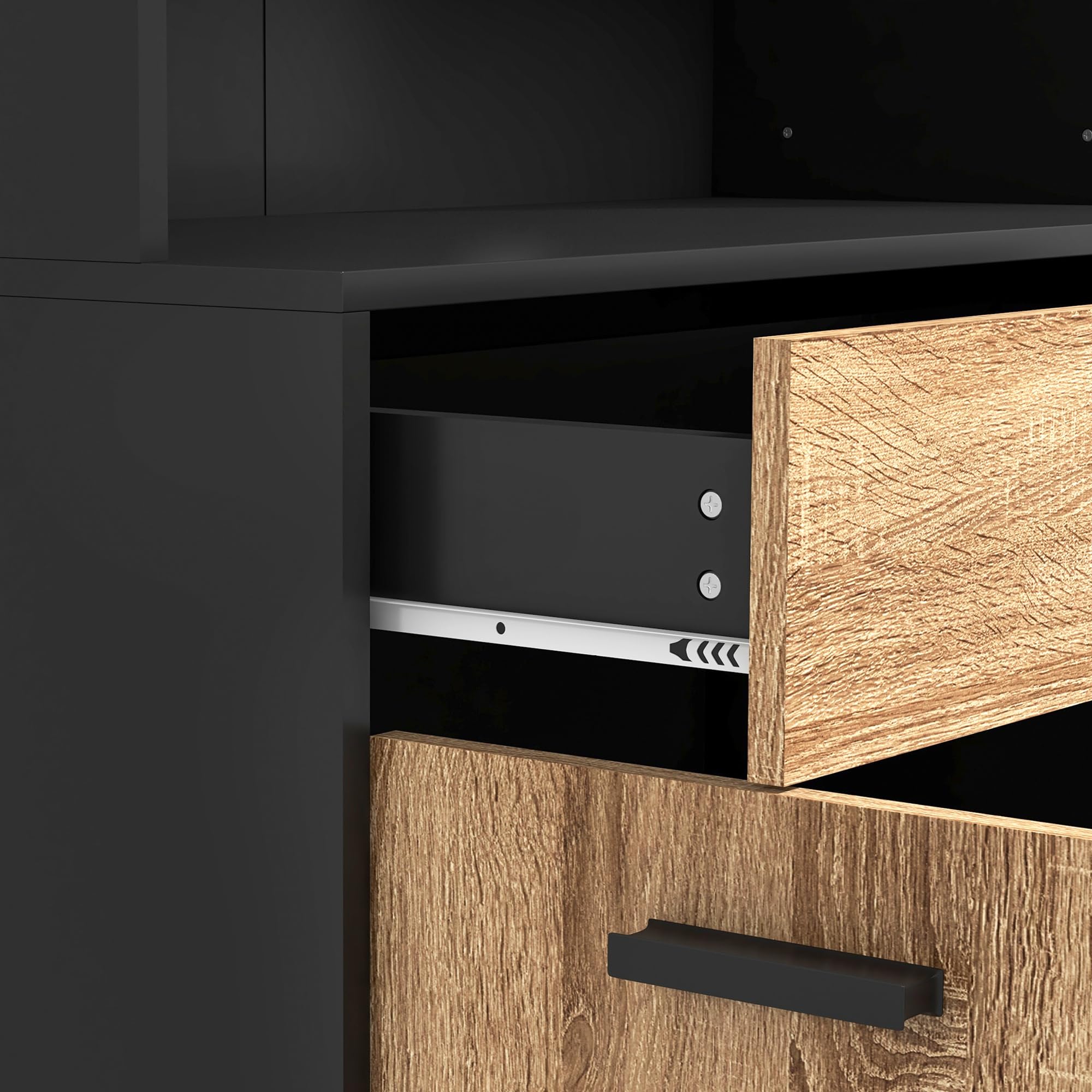 HOMCOM Armoire de Cuisine 4 Portes 1 Tiroir 80 x 40 x 180 cm Noir Naturel | Buffet de Cuisine, Meuble de Rangement, 2 Placards, Passe-Câbles, Design Industriel