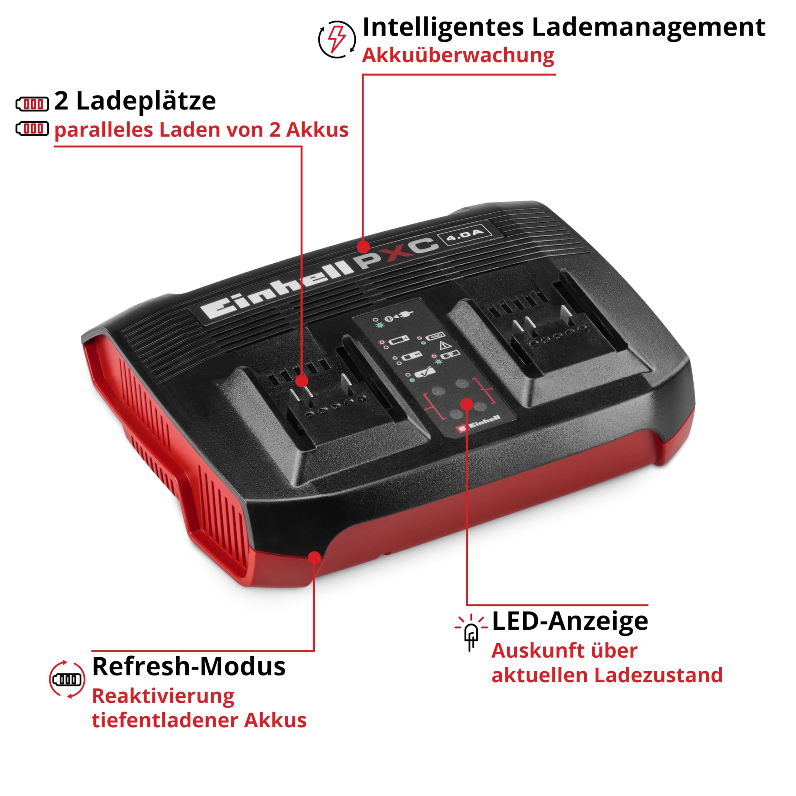 Original Einhell Ladegerät Power X-Twincharger 4A Power X-Change (18 V, gleichzeitiges Laden von 2x 18 V Akkus, Akkuüberwachung, Lademanagementsystem, Refresh-Modus)