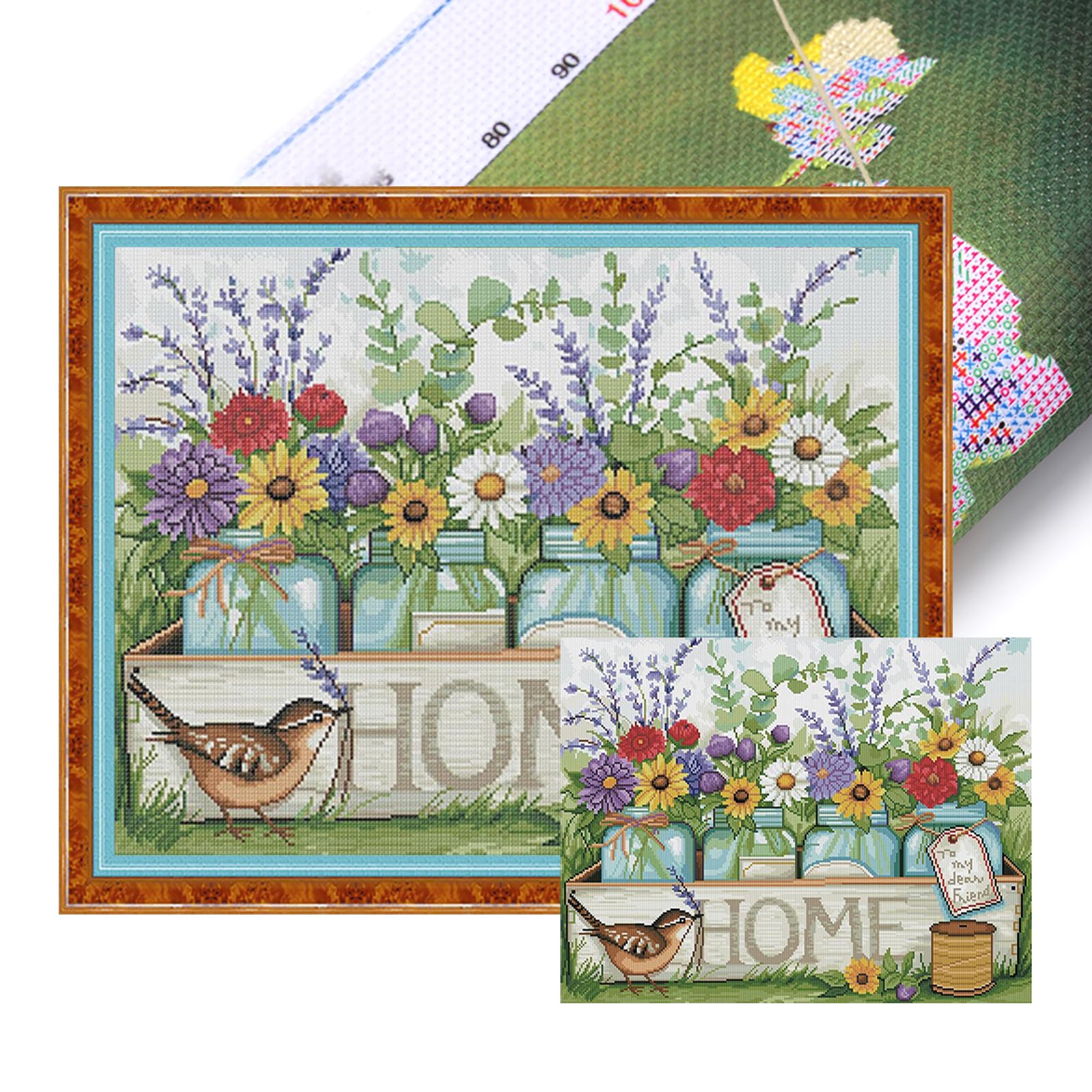 Poetrydraw Home Vase And Bird Full 11Ct Diy Stamped Embroidery Needlepoint Starter Kits 50X40cm Cross Stitch Art And Crafts Kits For Beginners Adults Home Decor