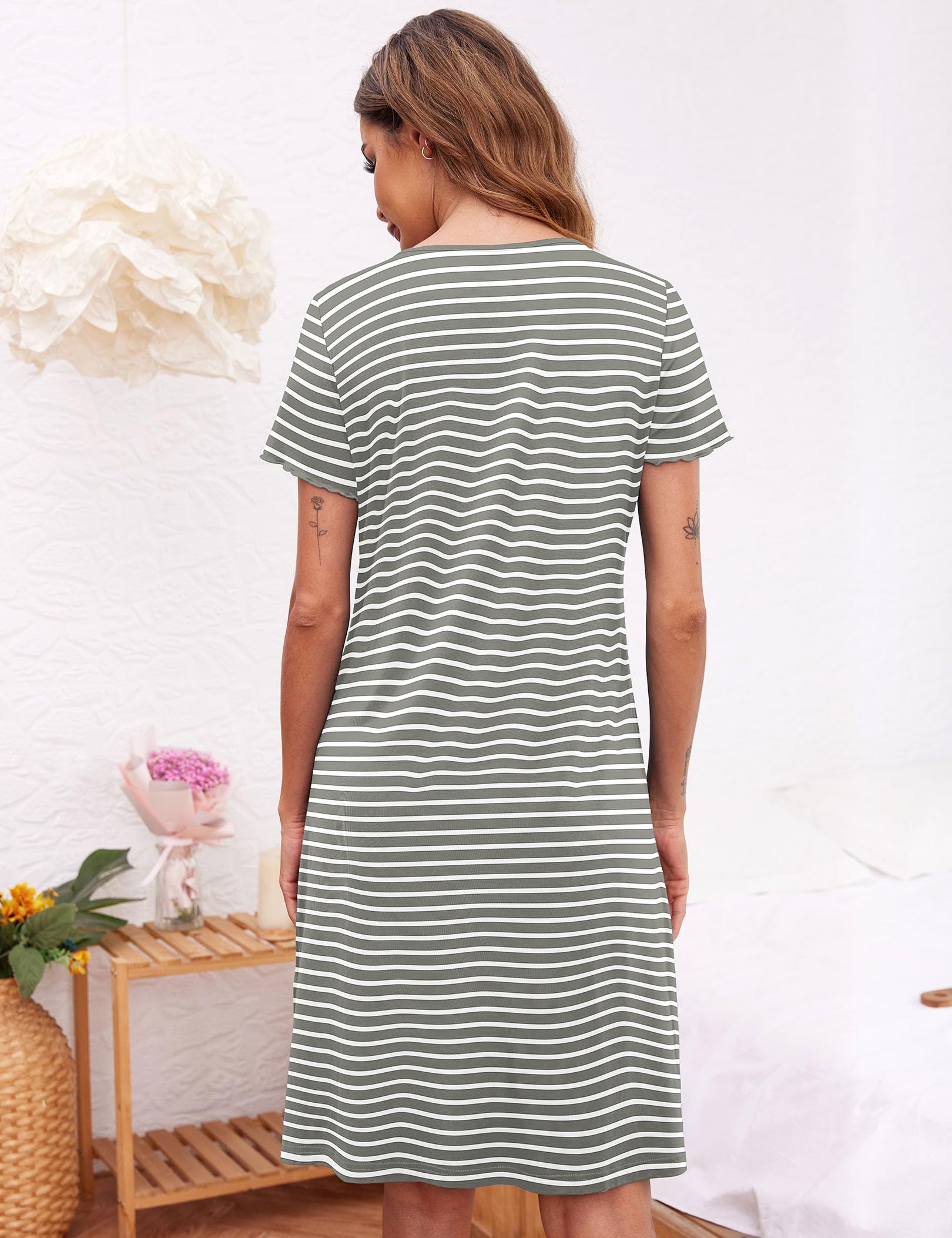 Ekouaer Camicia da Notte Donna Manica Corta Bottoni con Scollo a V Pigiama da Notte