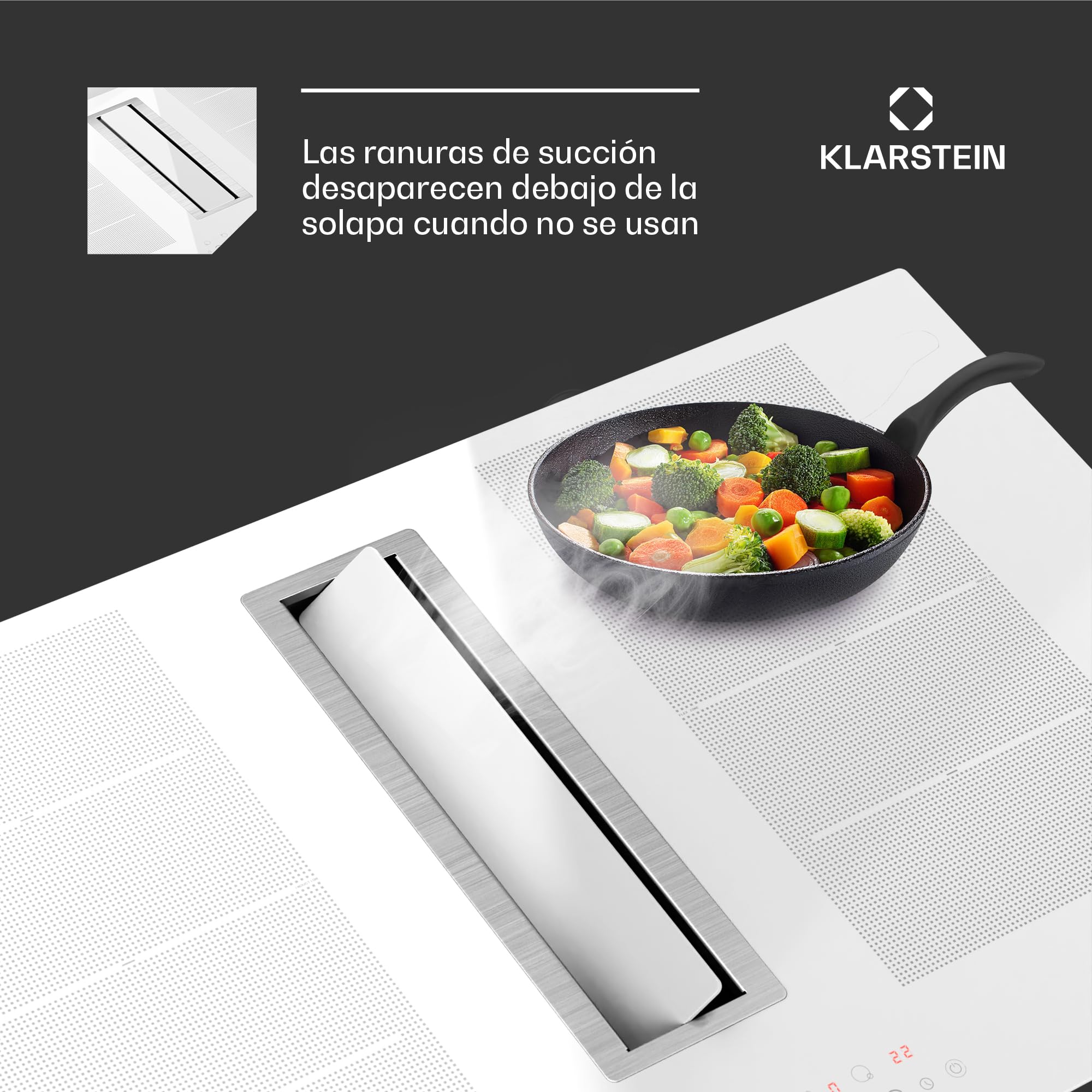 Klarstein Chef-Fusion Placa de Inducción con Extractor Integrado - Flex-Zone de 7200 W, 610 m³/h, Clase A, Control Táctil, Diseño Estético, Acero Inoxidable y Cristal, 90 cm