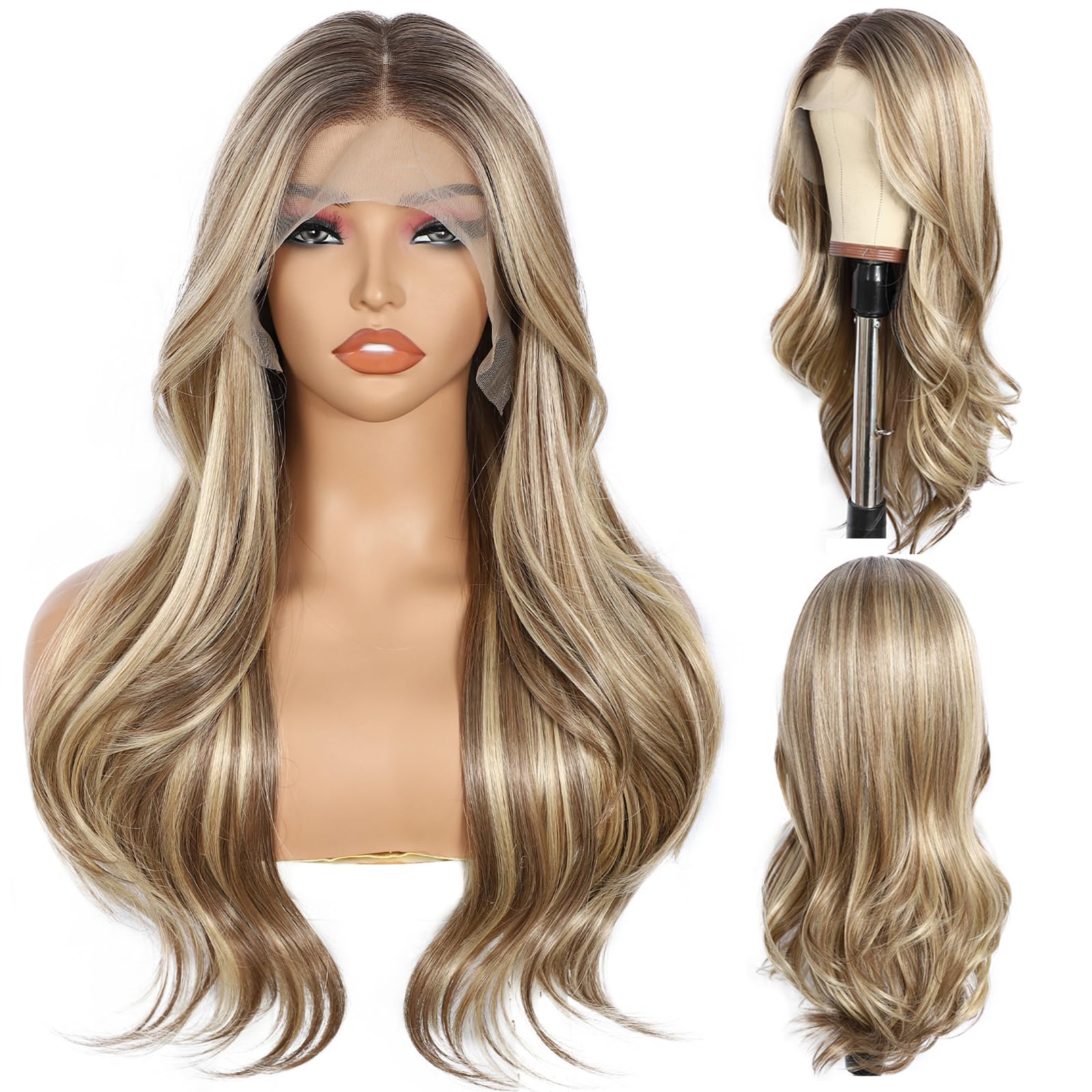 Sapphirewigs Blonde Perücke Lace Front 13x4 Synthetische Perücken Große Wellen Mix Braun Lace Front Haare Vorgezupft Tägliche Wear Party Date Weihnachten 22 inch