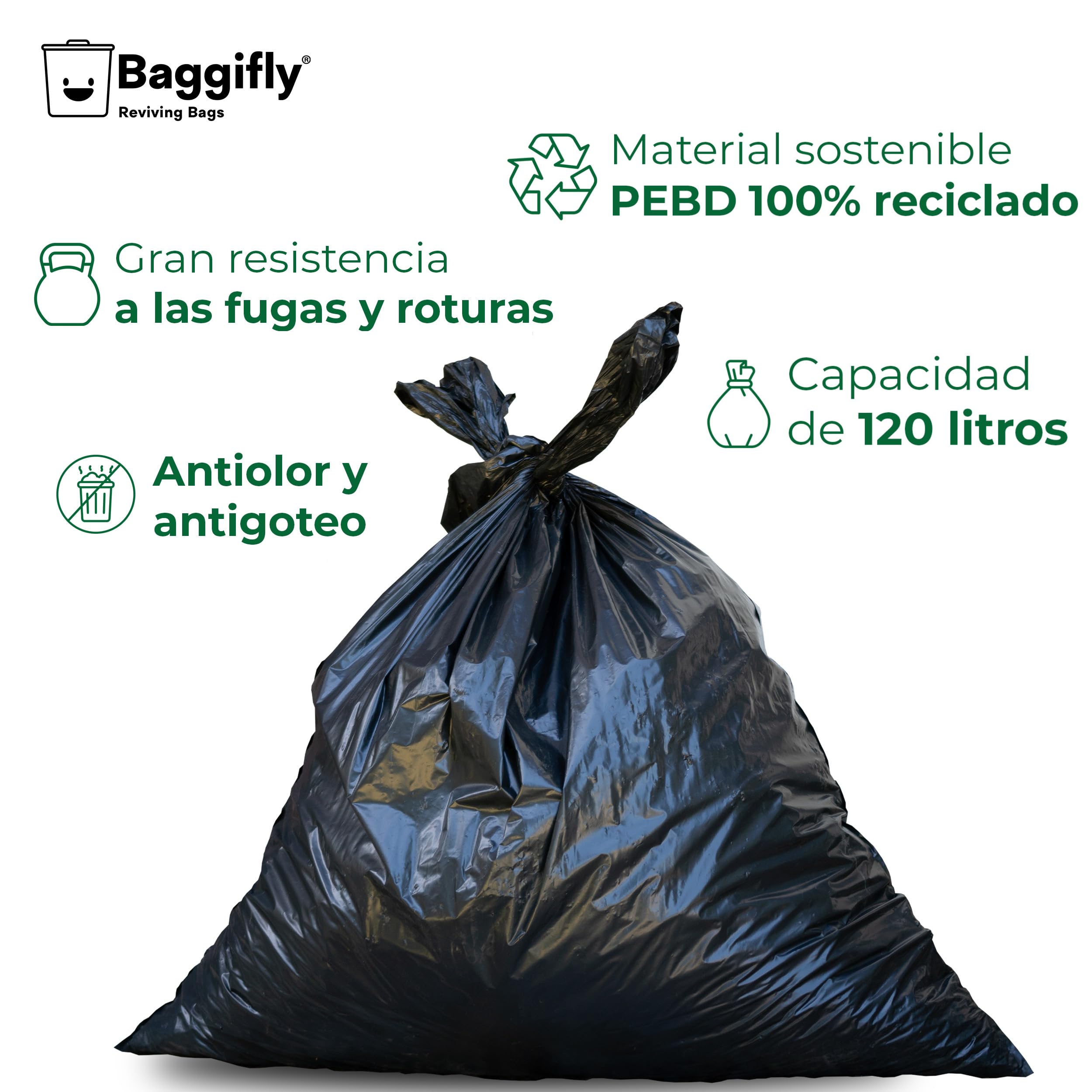 Baggifly worek na śmieci 120L - 5 rolek po 10 torebek - 100% materiał z recyklingu - wymiary 85 x 105 cm - Idealny do hotelarstwa i zastosowań przemysłowych - Super wytrzymałe torby