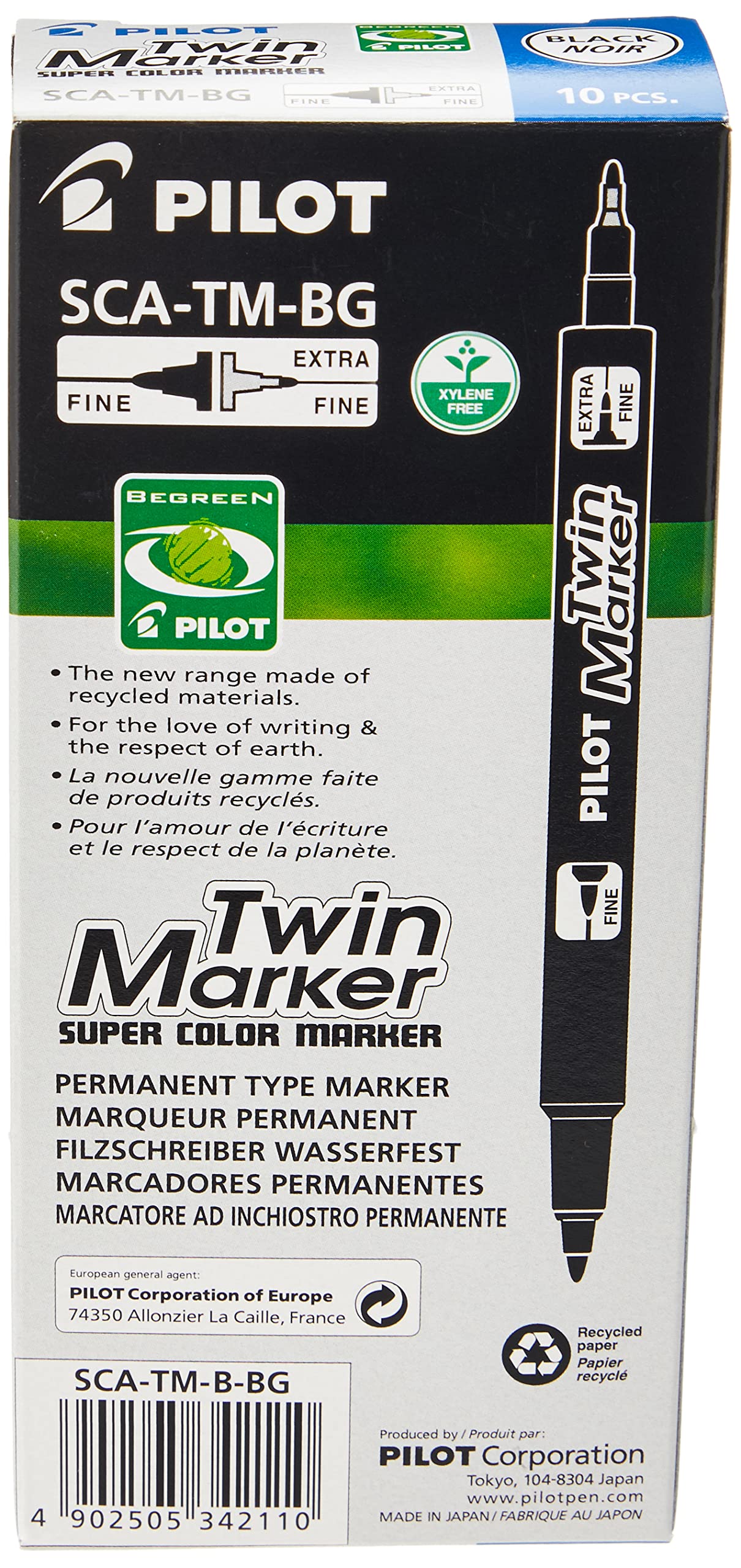 Pilot Lot de 10 Twin Marker BeGreen Marqueur tous supports Encre indélébile Noire 2 Pointes ogives/fine/moyenne