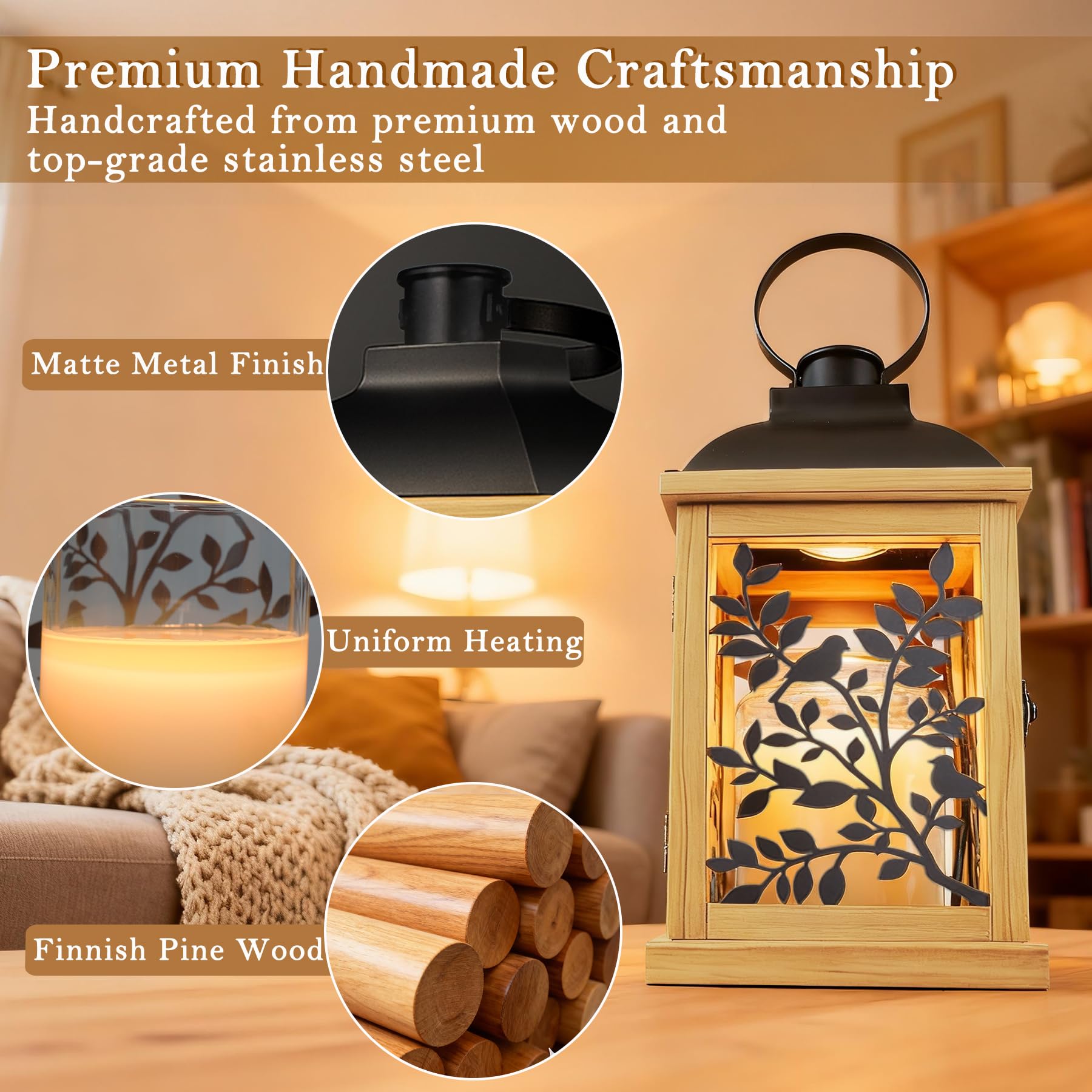 Lampe Chauffe-Bougie avec Minuterie, Brûleur de Bougie Électrique Réglable en Bois Style Fermier à Intensité Variable, Lanterne Chauffante pour Bougie en Pot, Lampe Fondoir avec 2 Ampoules